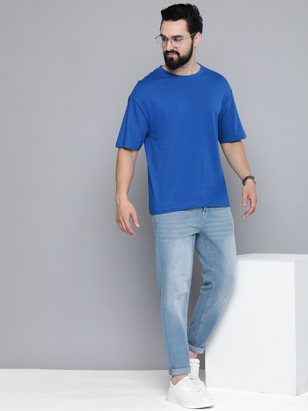 

Mast & Harbour Drop-Shoulder Sleeves Pure Cotton T-shirt, Blue