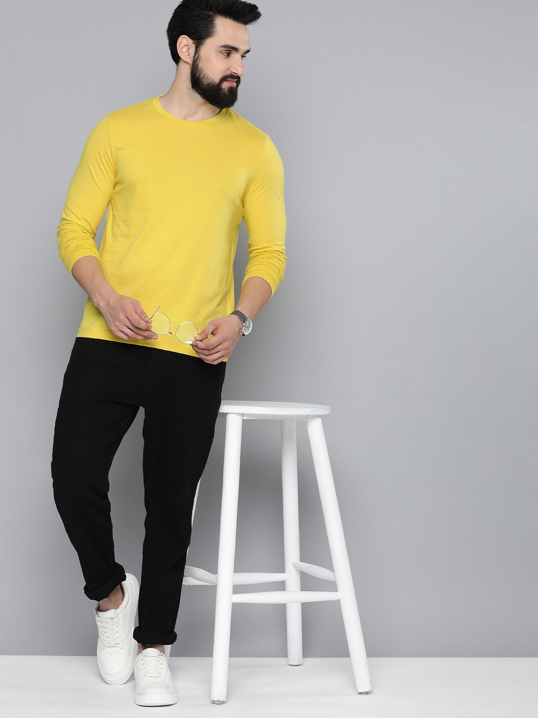 

Mast & Harbour Round Neck Long Sleeves Pure Cotton T-shirt, Yellow