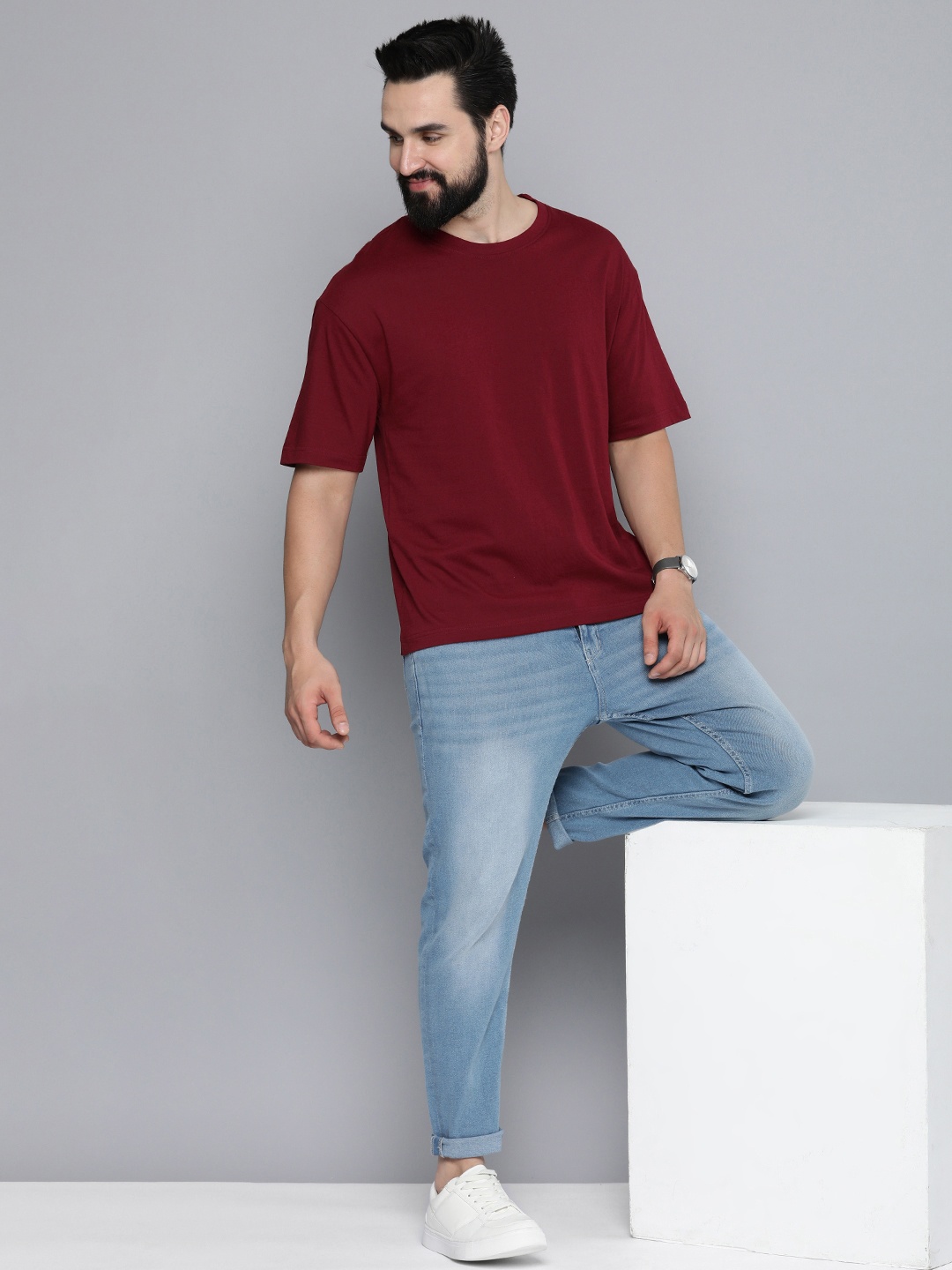 

Mast & Harbour Round Neck Drop-Shoulder Sleeves Pure Cotton T-shirt, Maroon