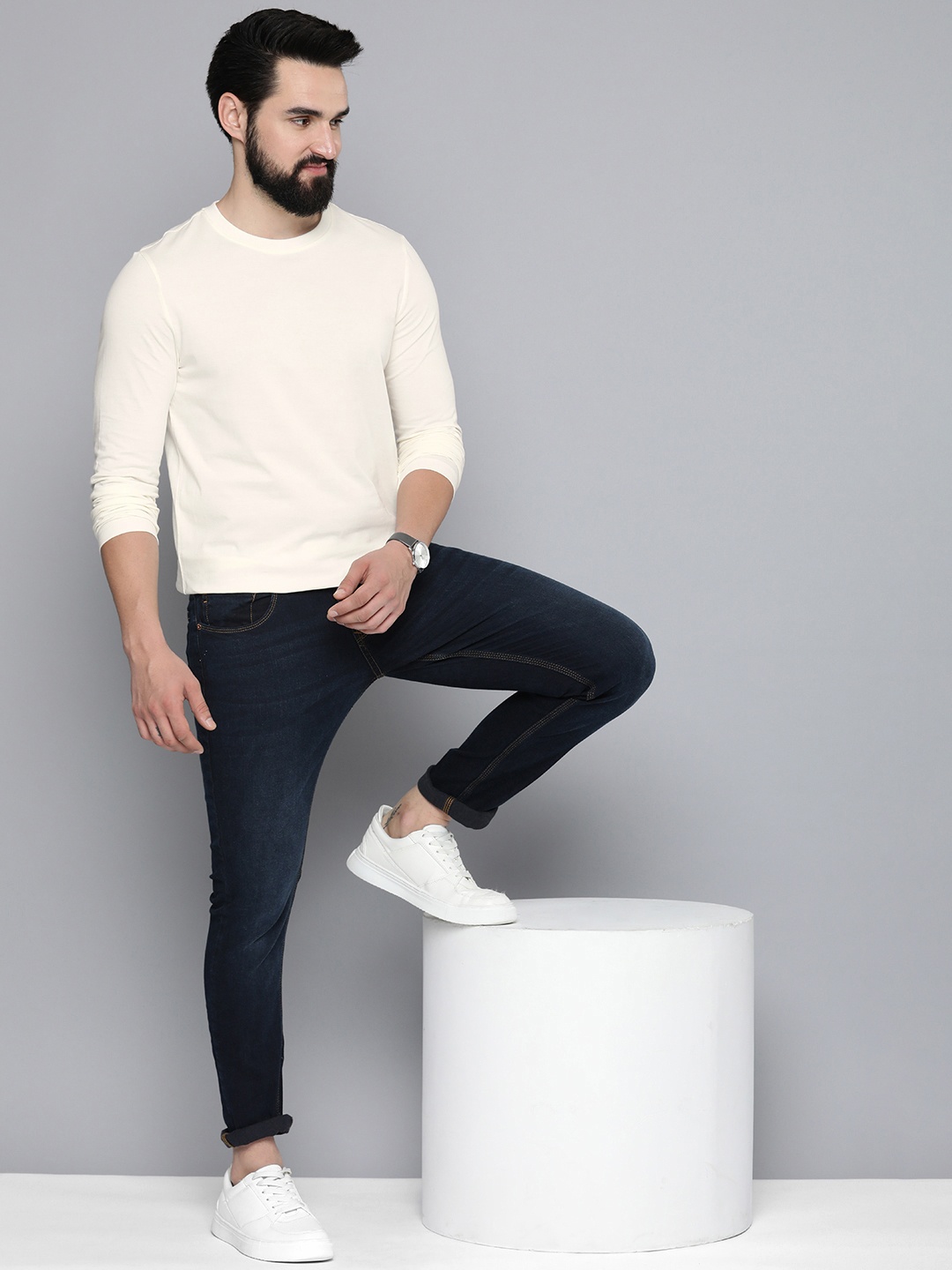 

Mast & Harbour Round Neck Long Sleeves Pure Cotton T-shirt, Off white