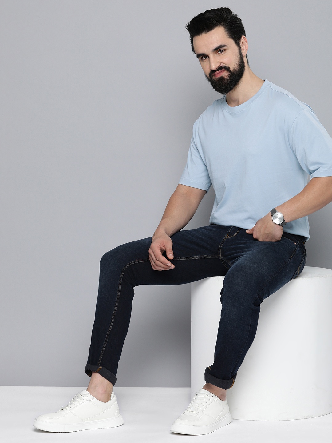 

Mast & Harbour Drop-Shoulder Sleeves Pure Cotton T-shirt, Blue