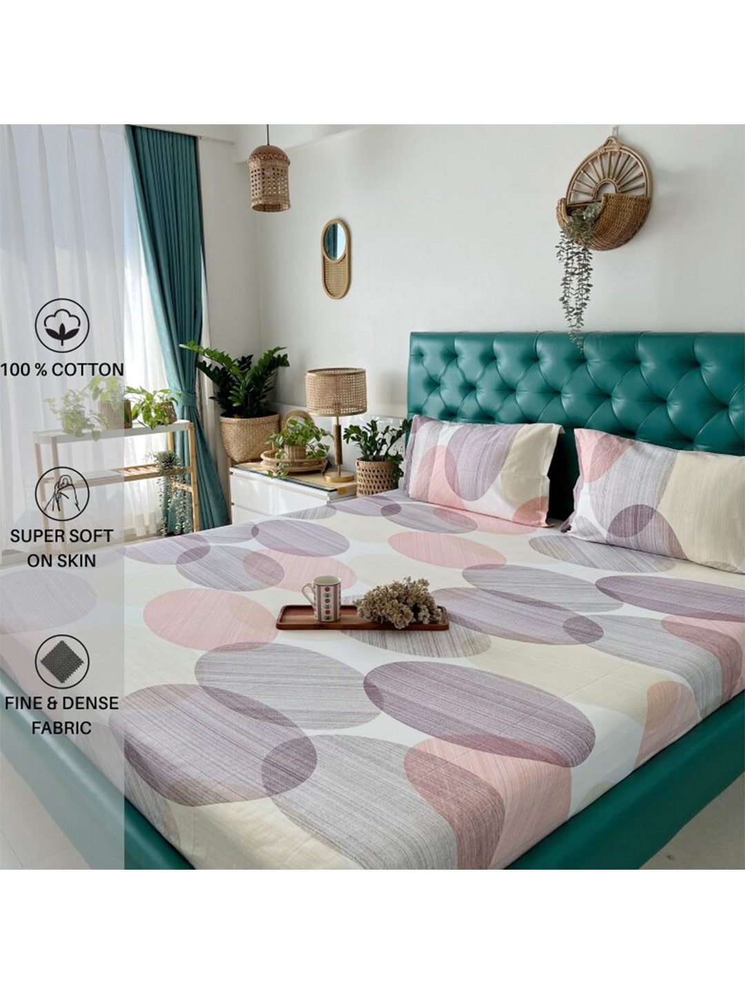 

URBAN SPACE Serene White & Pink 200 TC Flat Cotton Queen Bedsheet & 2 Pillow Covers