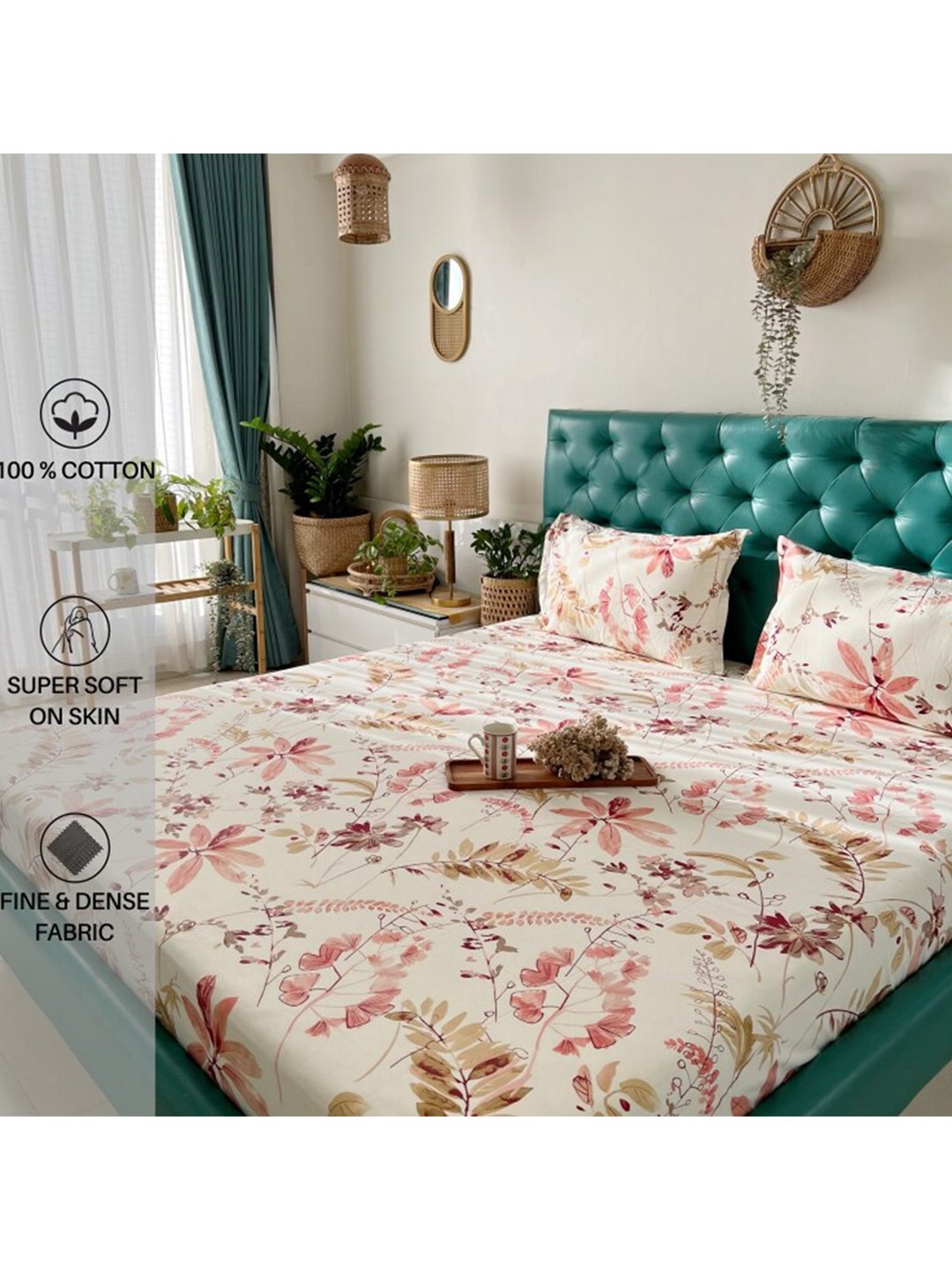 

URBAN SPACE Serene Peach-Coloured 200 TC Flat Pure Cotton Queen Bedsheet & 2 Pillow Covers