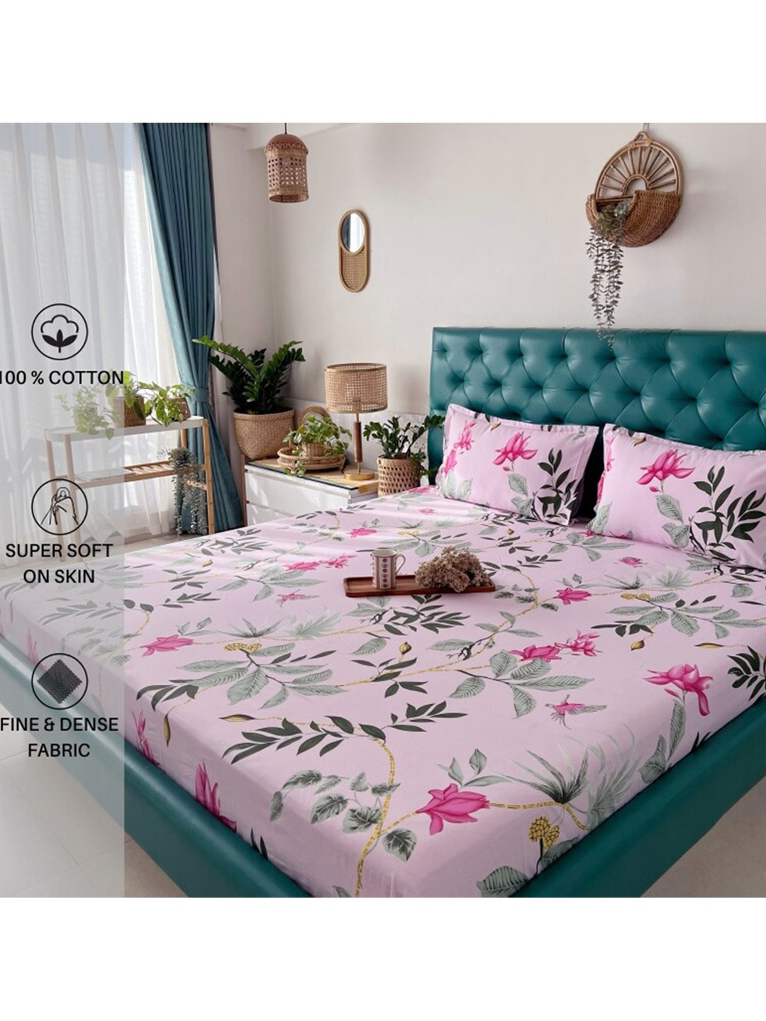 

URBAN SPACE Serene Rose Pink & Green 200 TC Flat Cotton Queen Bedsheet & 2 Pillow Covers