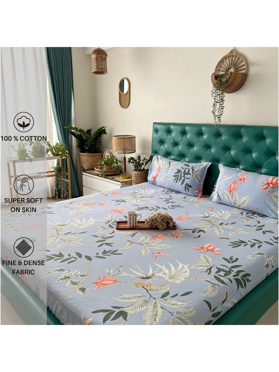 

URBAN SPACE Serene Blue Floral 200 TC Fitted Cotton King Bedsheet & 2 Pillow Covers