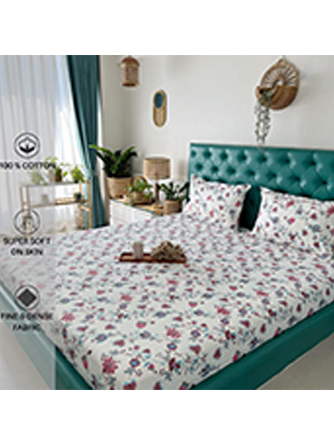 

URBAN SPACE Serene White & Pink Floral 200 TC Fitted King Bedsheet with 2 Pillow Covers