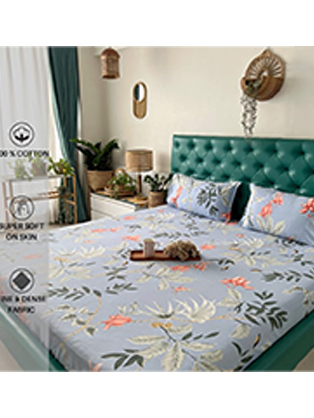 

URBAN SPACE Serene Blue & Peach Floral 200 TC Flat Single Bedsheet with Pillow Cover