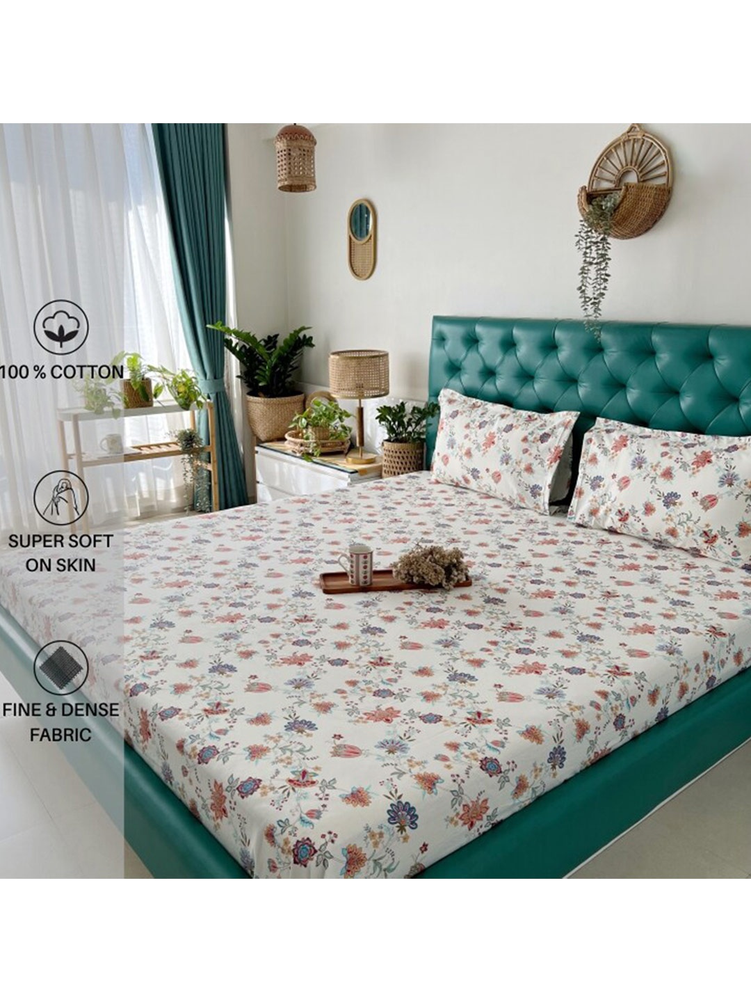 

URBAN SPACE Serene Peach & White Floral 200 TC Flat Single Bedsheet with Pillow Cover