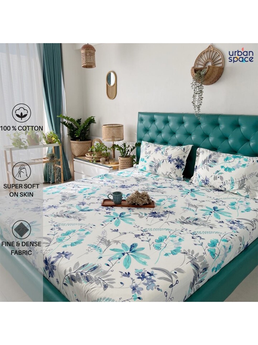 

URBAN SPACE Serene White & Turquoise Floral 200 TC Flat Single Bedsheet & Pillow Cover