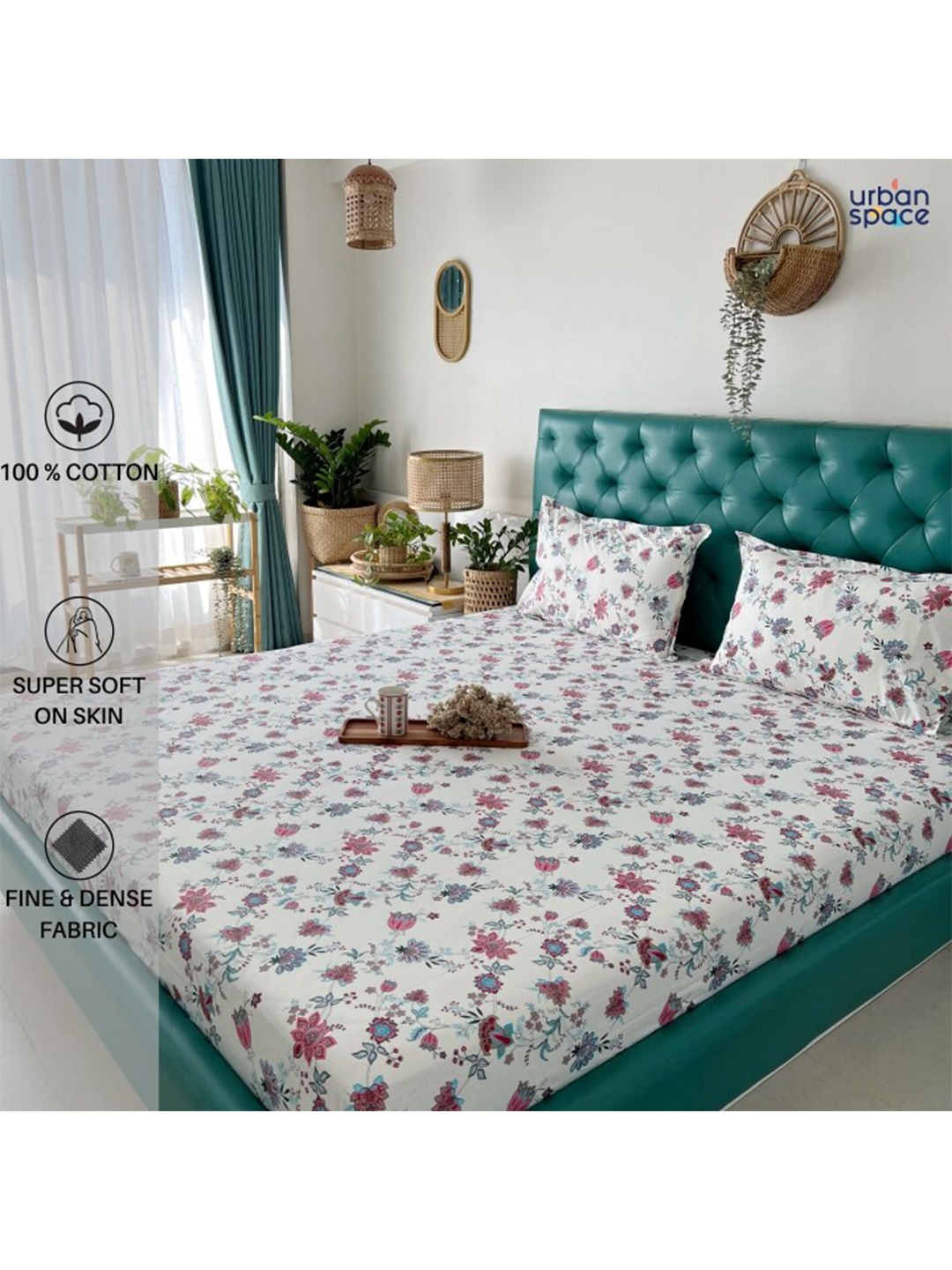 

URBAN SPACE Serene Pink & White Floral 200 TC Flat Cotton King Bedsheet & 2 Pillow Covers