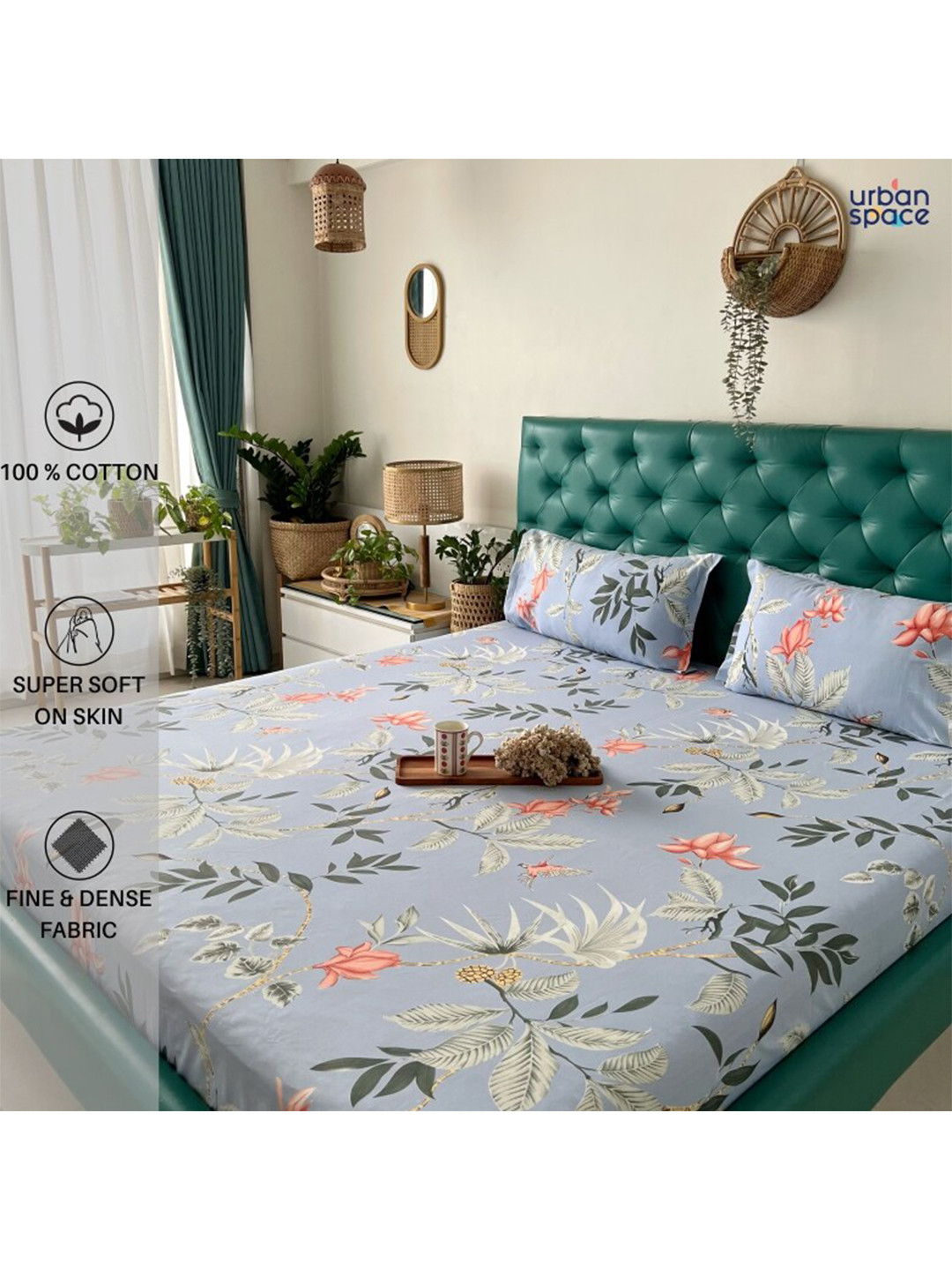 

URBAN SPACE Serene Blue Floral 200 TC Flat Pure Cotton Queen Bedsheet & 2 Pillow Covers
