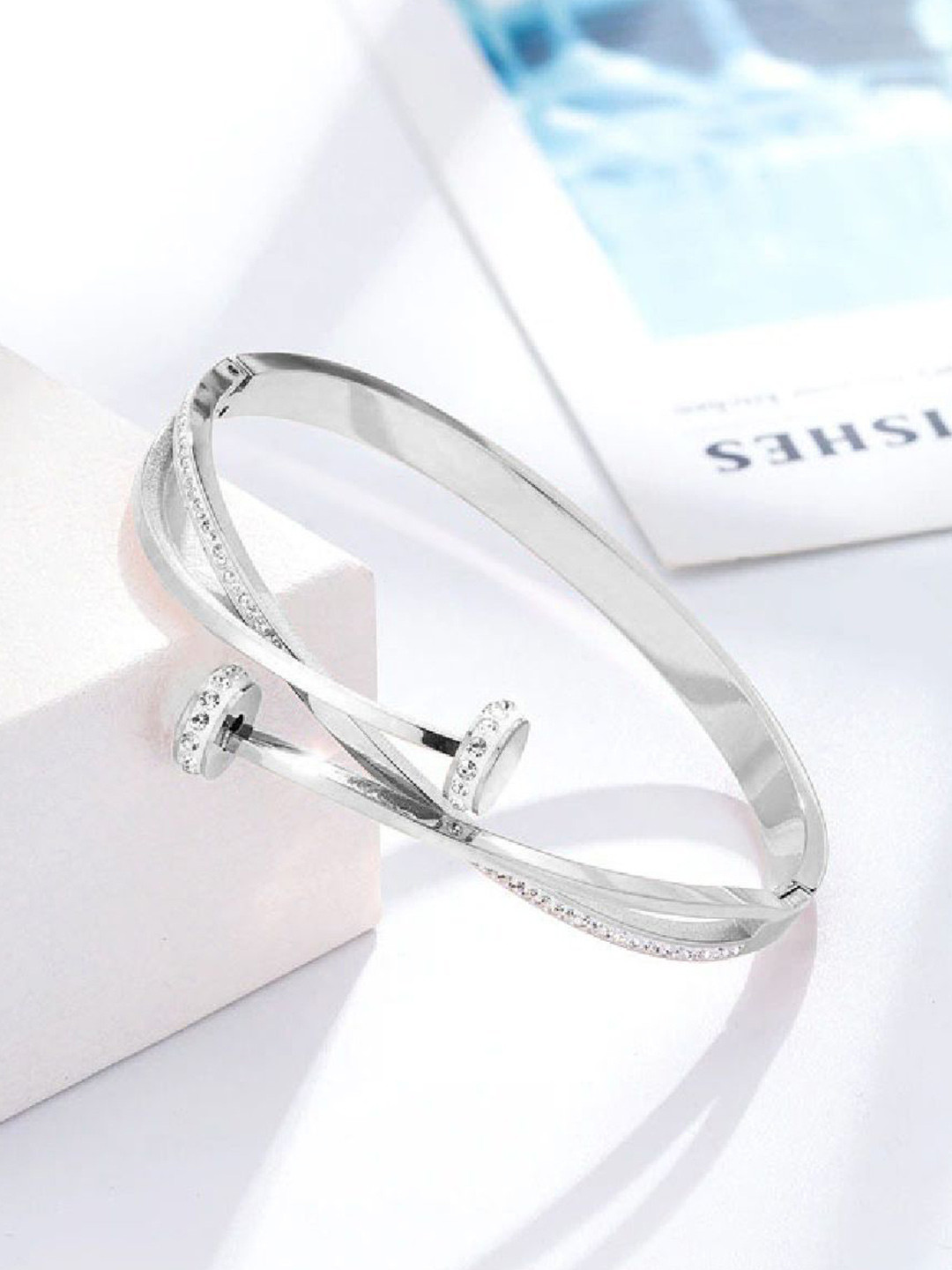 

ZIVOM Cubic Zirconia Silver-Plated Kada Bracelet