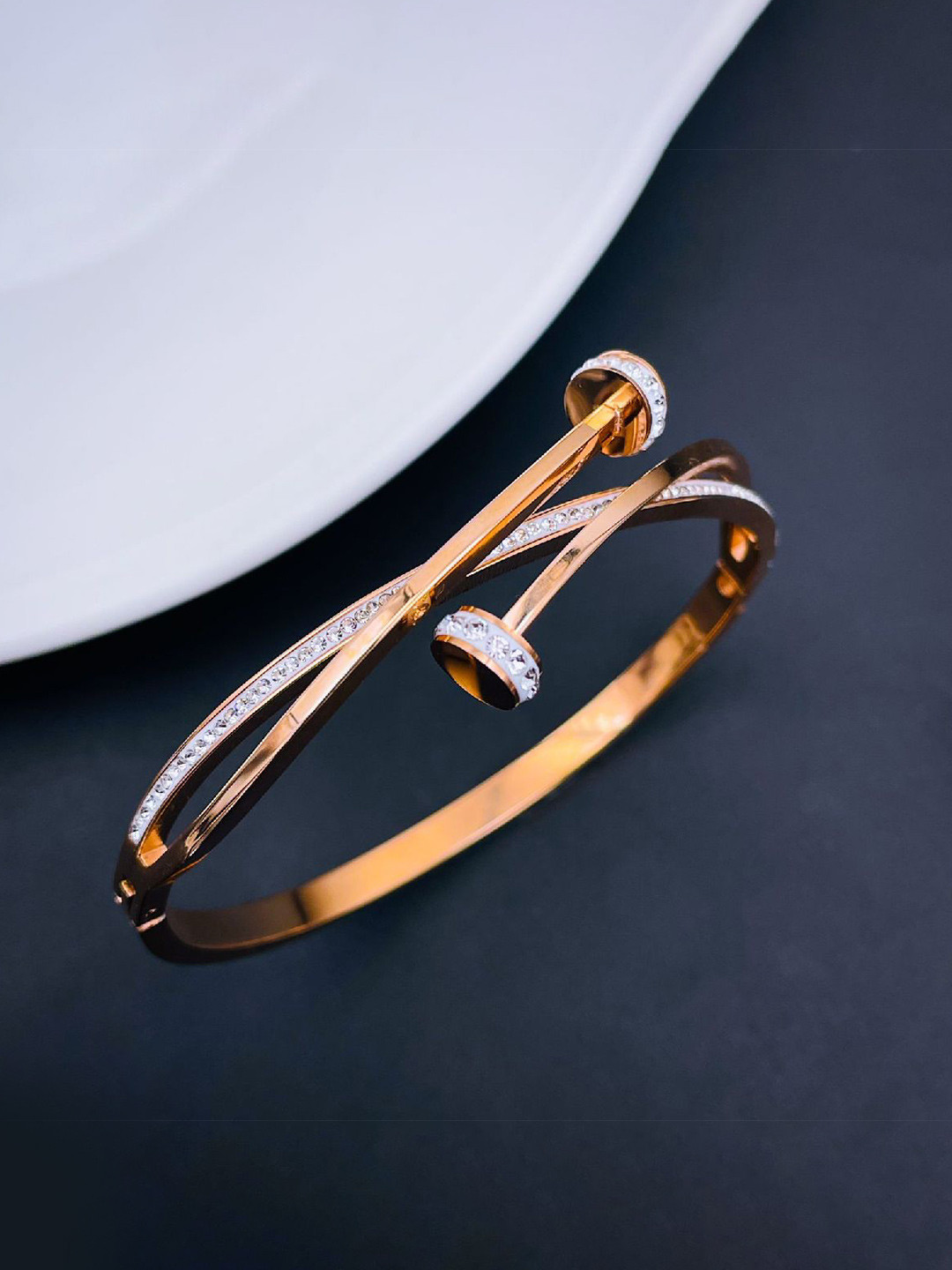 

ZIVOM Cubic Zirconia Rose Gold-Plated Kada Bracelet