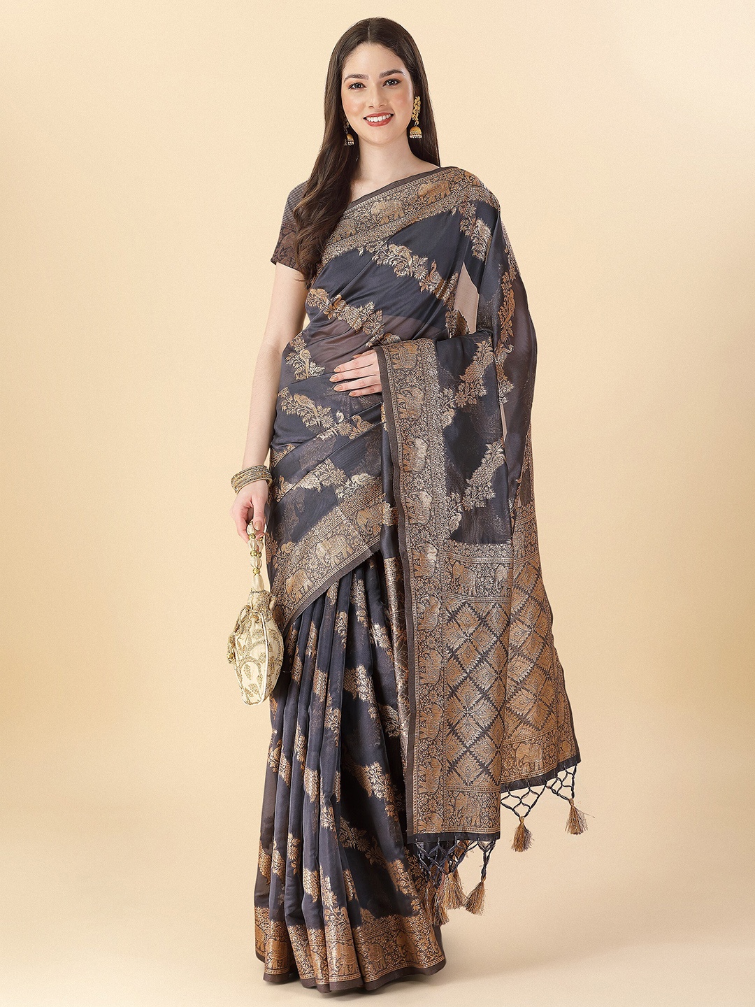 

Mitera Floral Woven Design Zari Banarasi Saree, Grey