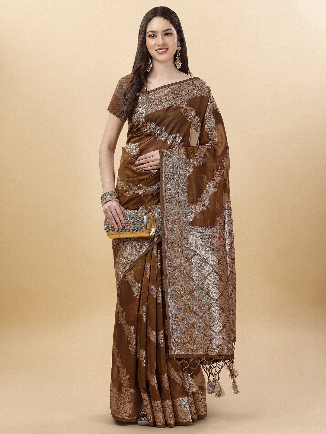 

Mitera Ethnic Motifs Woven Design Zari Banarasi Saree, Brown