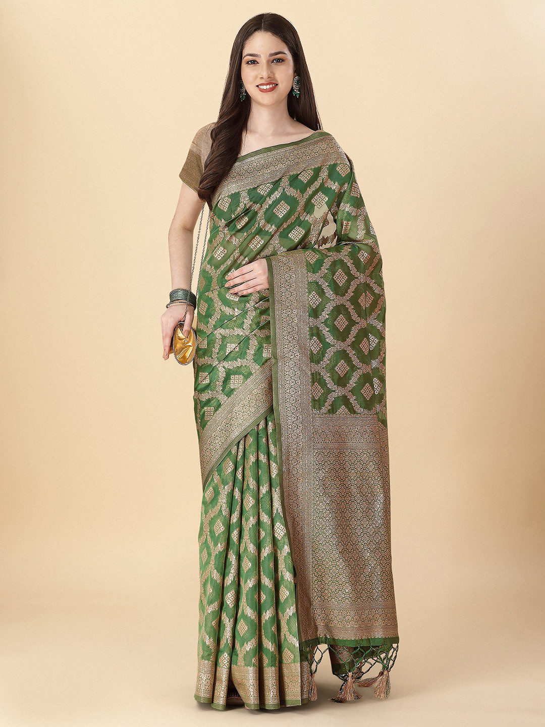 

Mitera Ethnic Motifs Woven Design Zari Banarasi Saree, Green