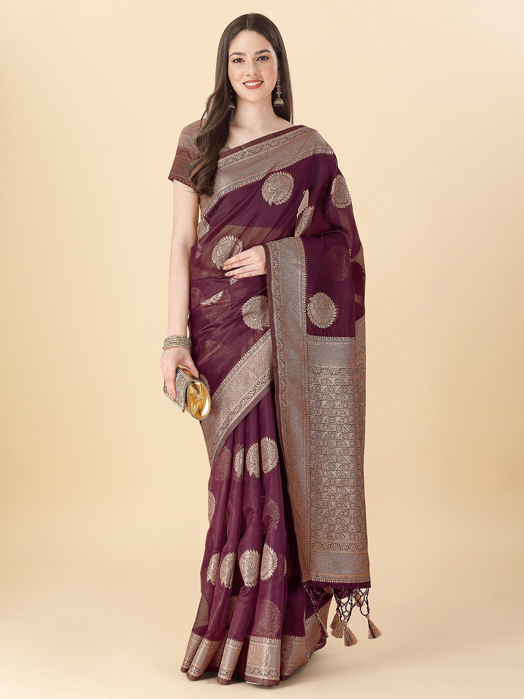 Mitera Ethnic Motif Woven Design Zari Organza Banarasi Saree, Magenta