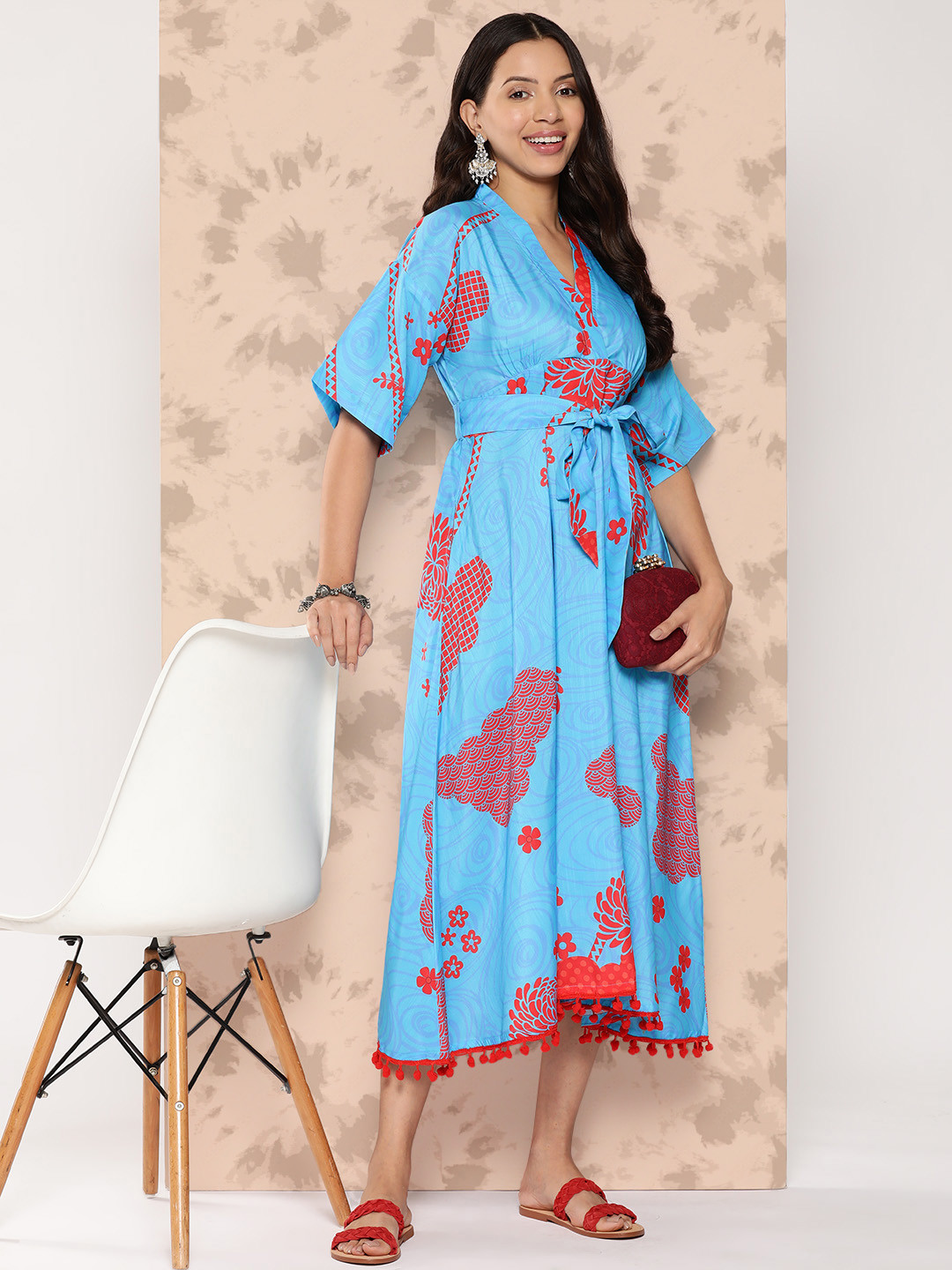 

Sangria Belted Pom-Pom Detailed Edo Porcelian Dress, Blue