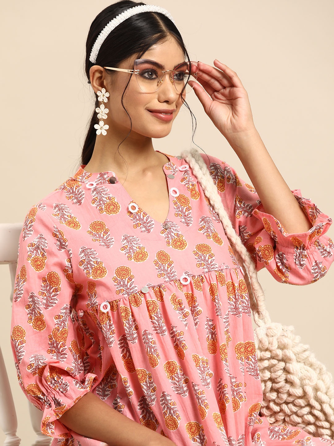 

Sangria Floral Printed Pleated Ethnic A-Line Dress, Pink