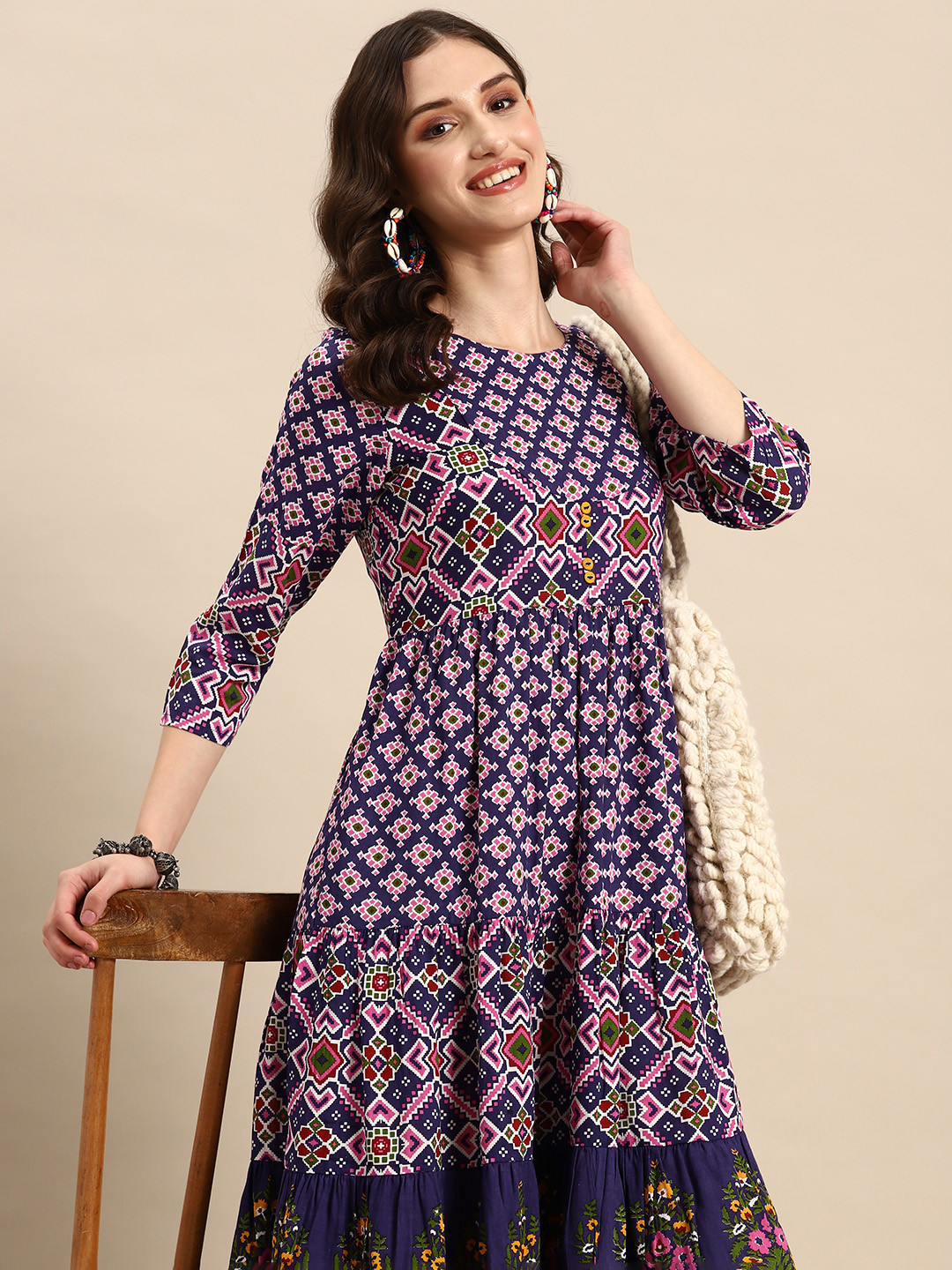

Sangria Pure Cotton Fit & Flare Printed Ethnic Dress, Purple