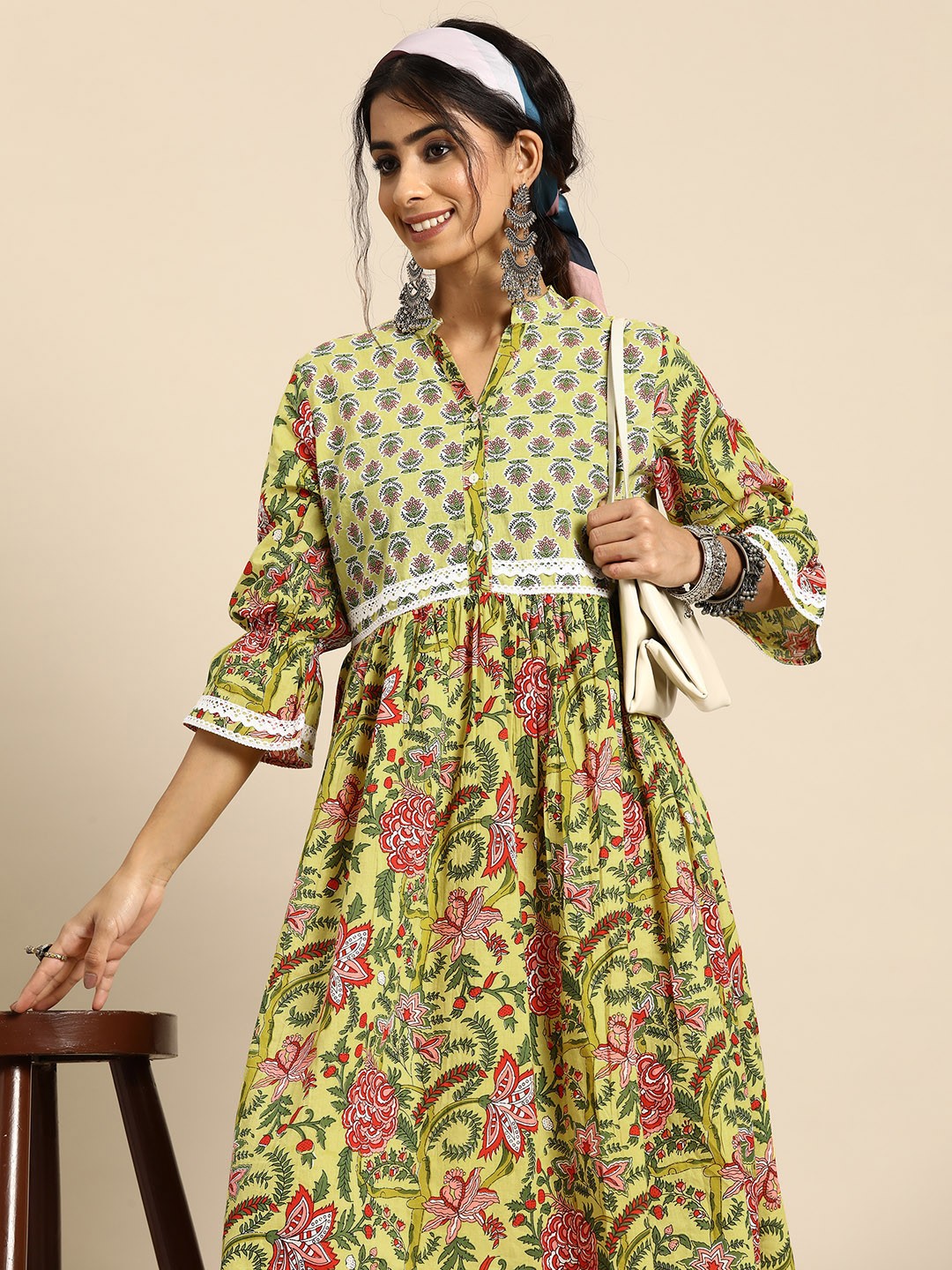 

Sangria Pure Cotton Ethnic Motifs Printed A-Line Midi Dress, Yellow
