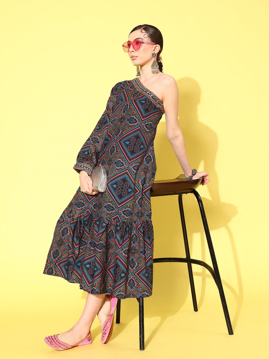 

Sangria Printed One-Shoulder Kaftan Karishma Fit & Flare Dress, Black