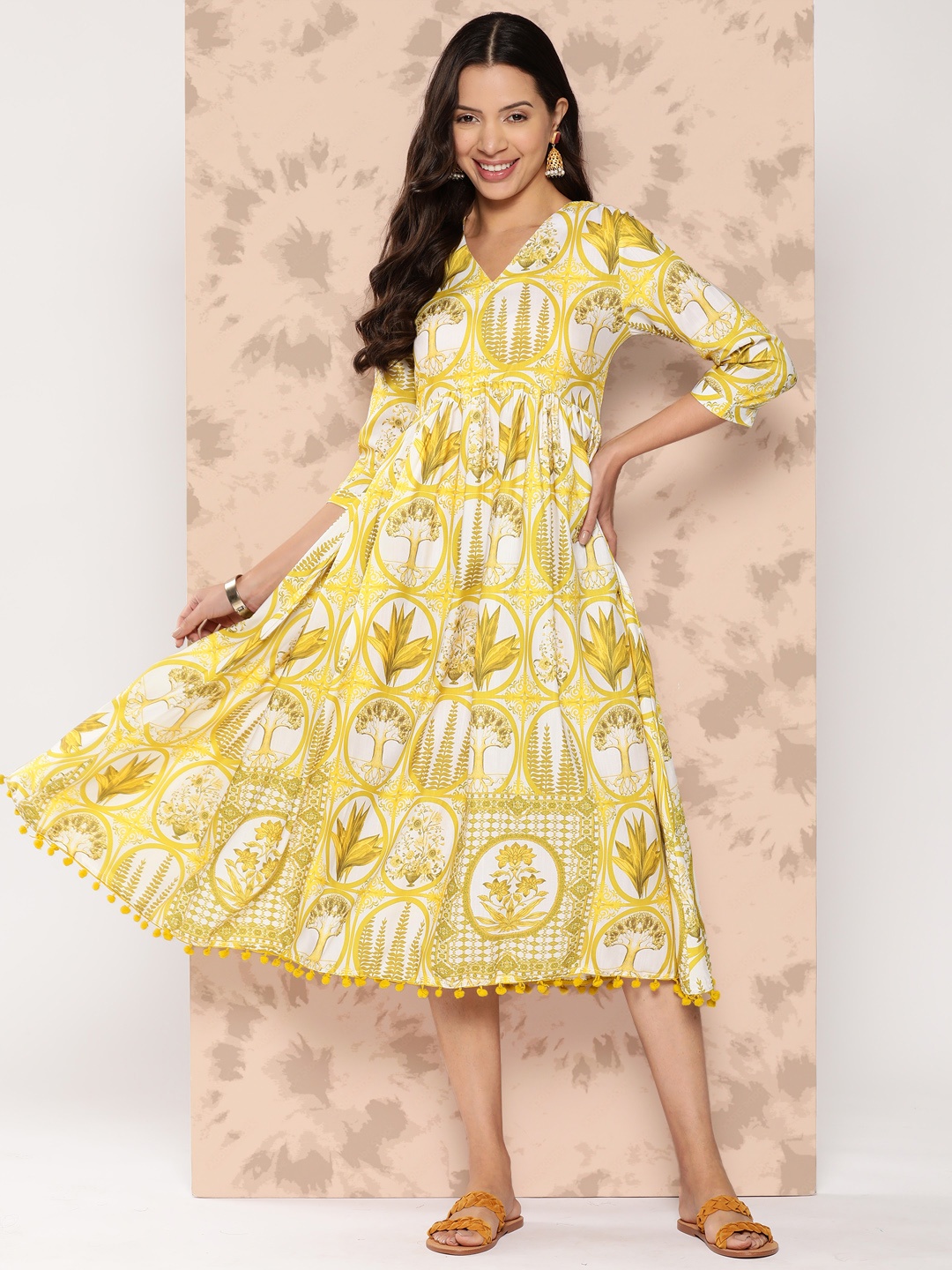 

Sangria Ethnic Motifs Printed A-Line Dress, Yellow