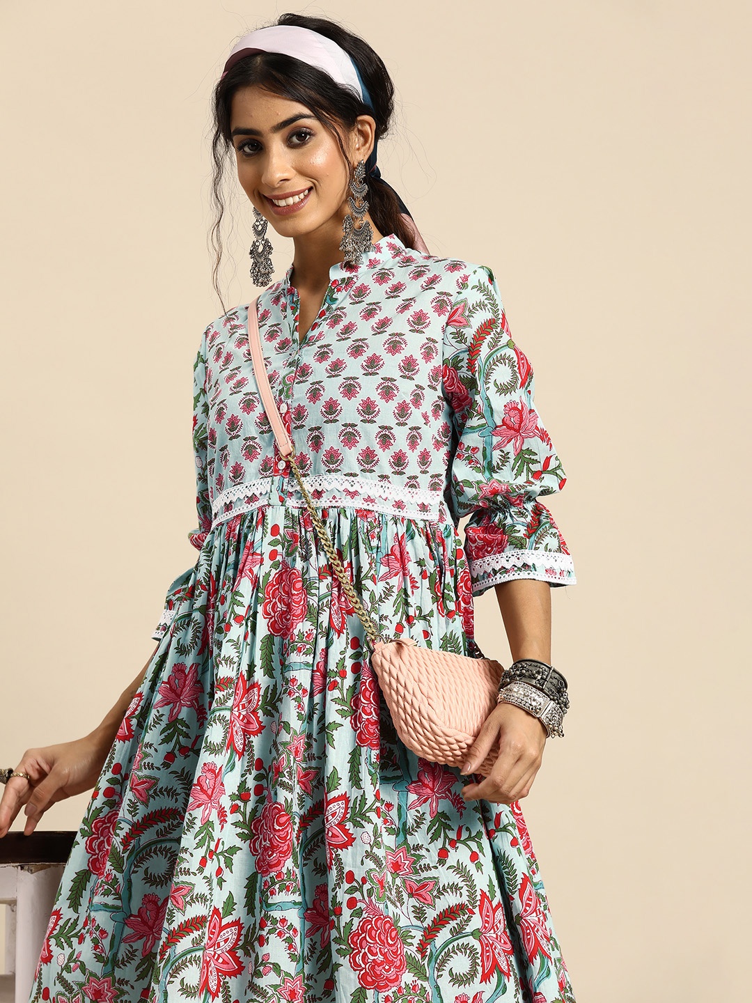 

Sangria Pure Cotton Ethnic Motifs Printed A-Line Midi Dress, Blue