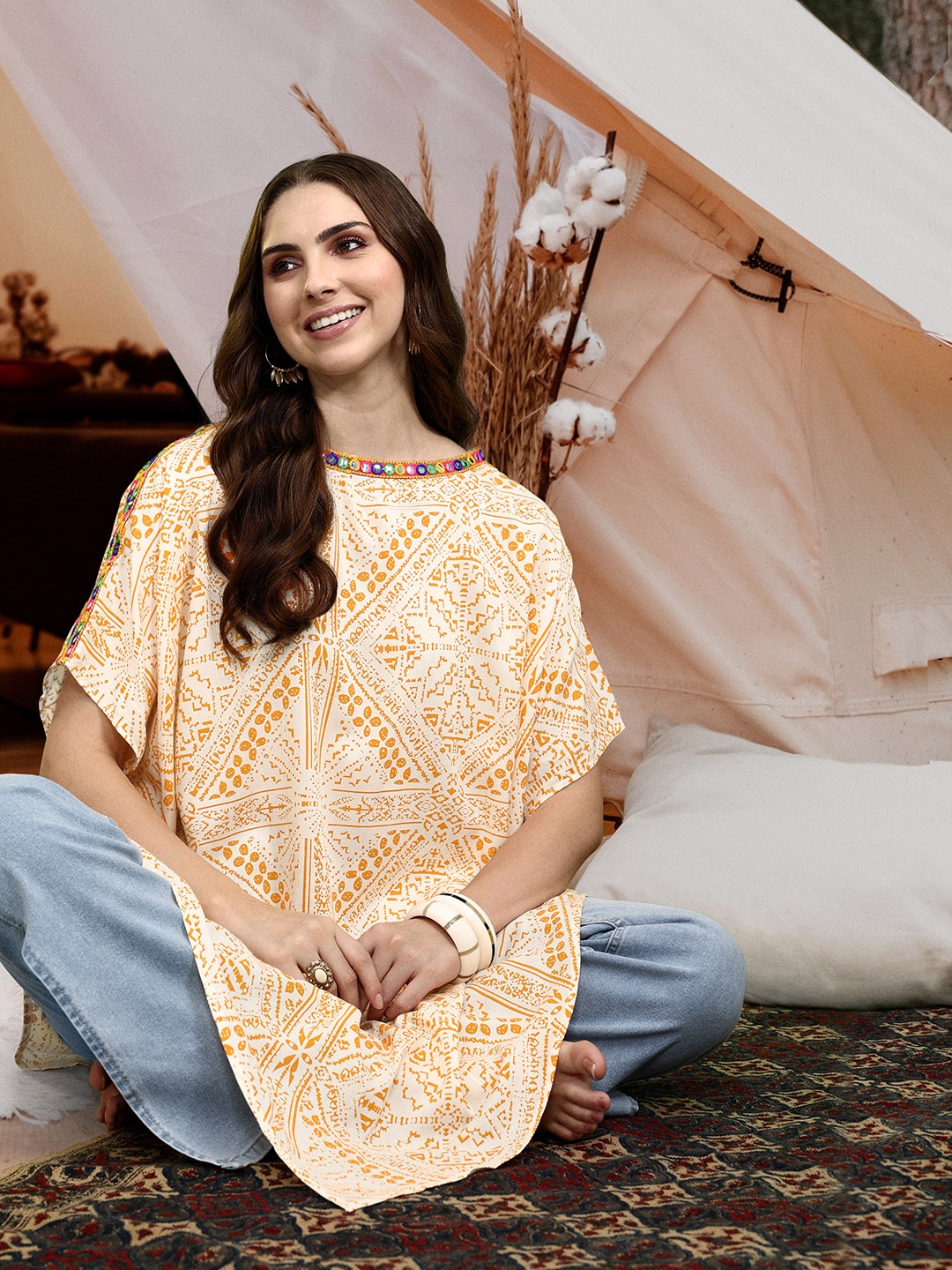 

Sangria Ethnic Motifs Printed Extended Sleeves Mirror Work Kaftan Kurta, Off white