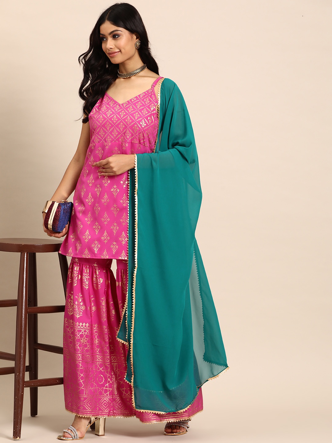 

Sangria Ethnic Motifs Printed Panelled Kurti with Sharara & Dupatta, Pink