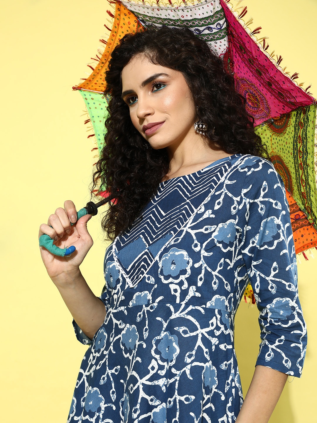 

Sangria Navy Blue Floral Print Pure Cotton Indigo A-Line Midi Dress