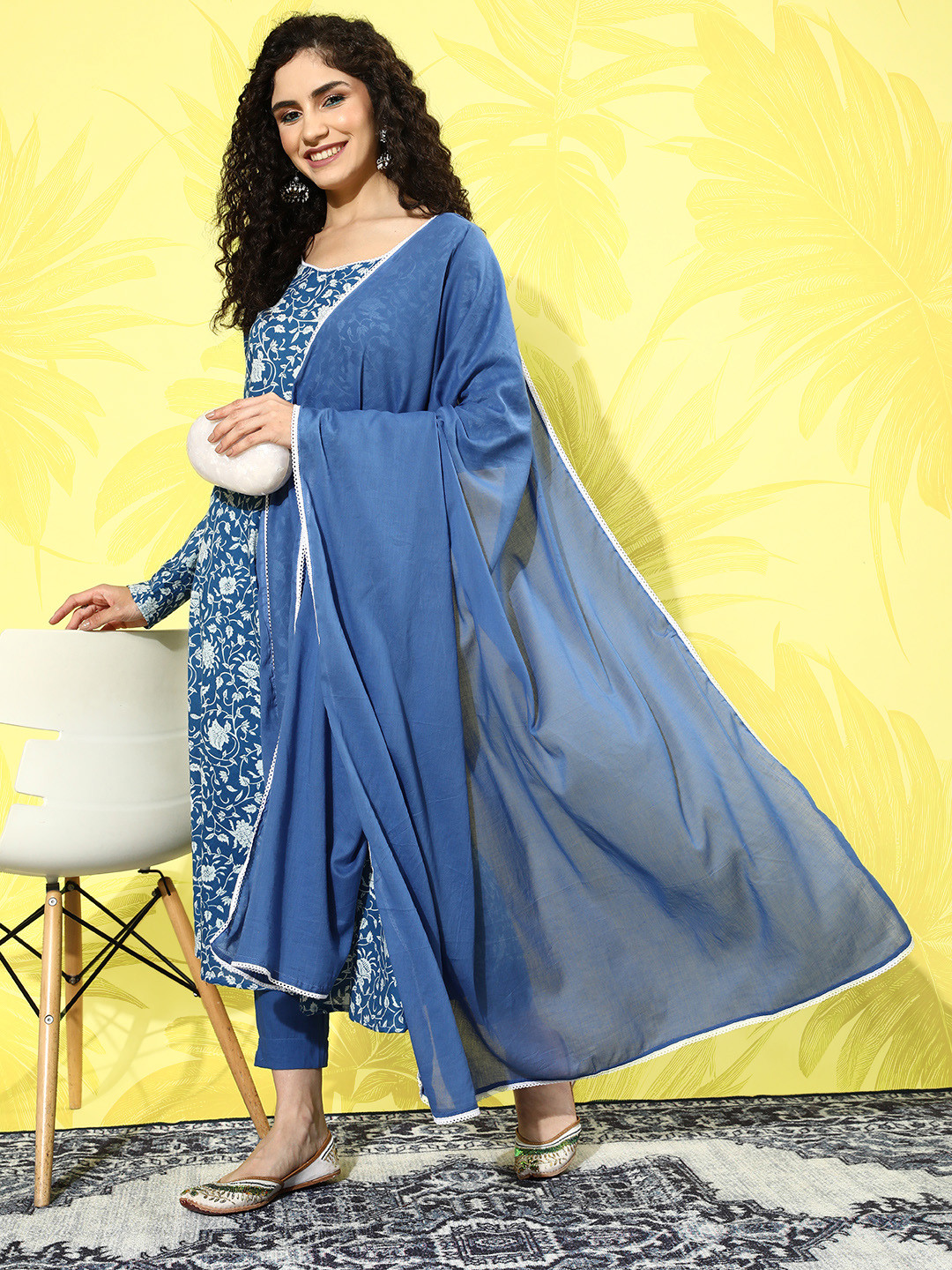 

Sangria Cotton Edo Porcelian Printed Anarkali Kurta with Trousers & Dupatta, Navy blue