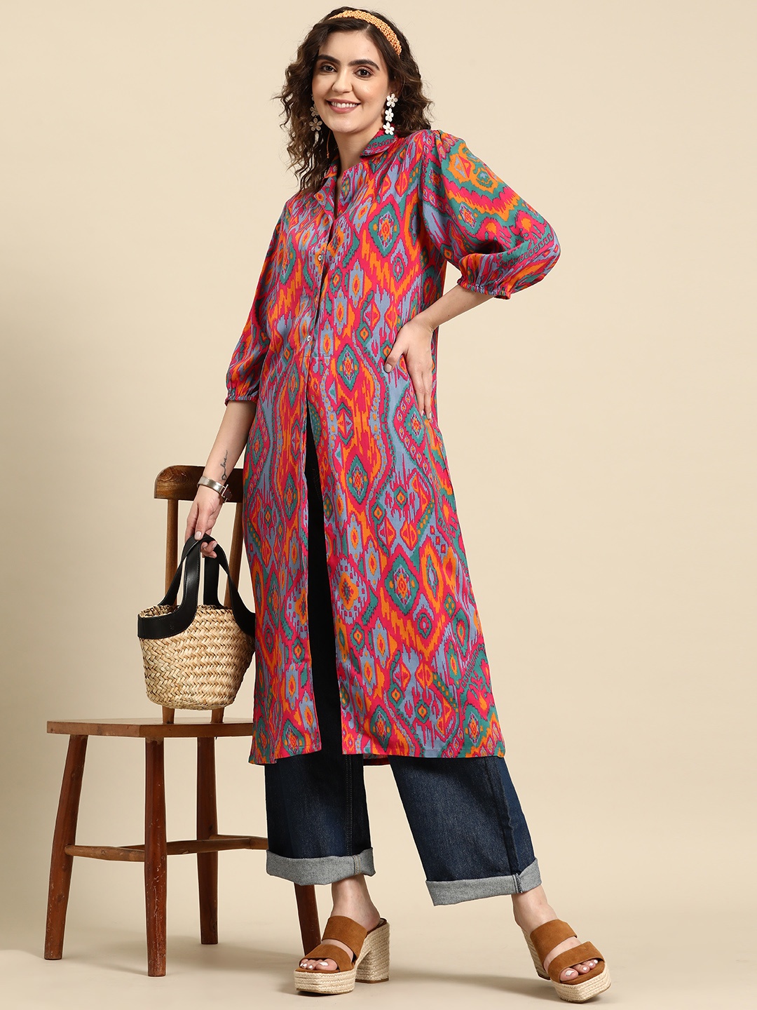 

Sangria Printed High-Slit Kurta, Pink