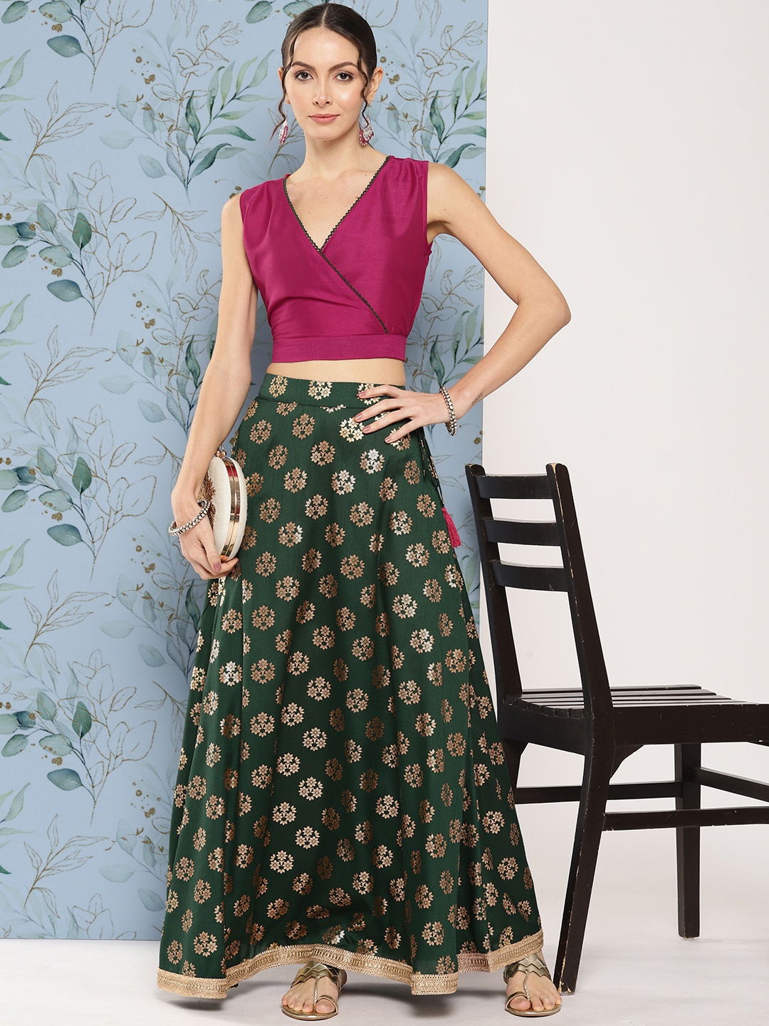 

Sangria Foil Print Gotta Patti Detail Ready to Wear Lehenga & Blouse, Fuchsia
