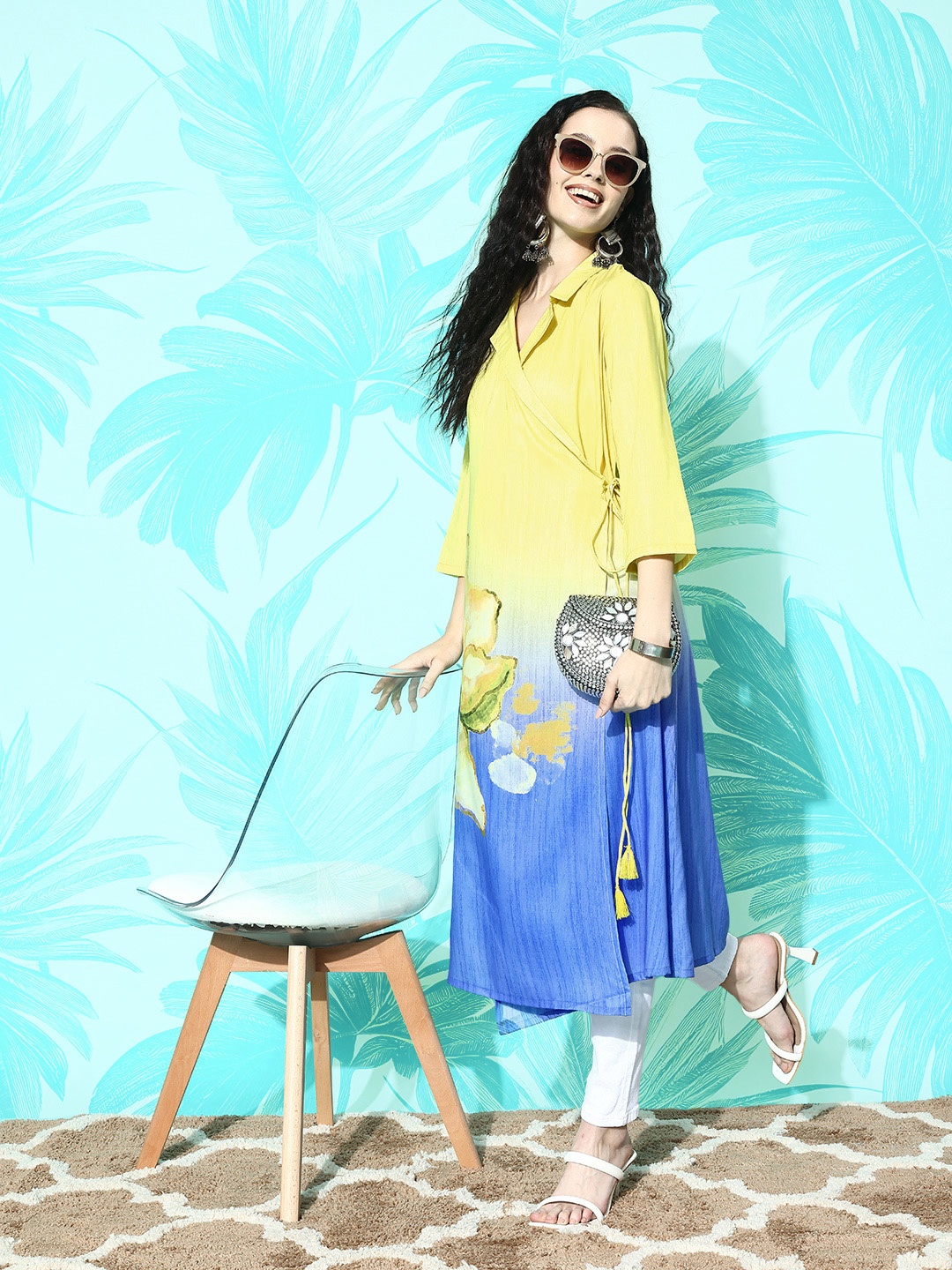 

Sangria Women Ornate Yellow Colourblocked Wrap Around A-Line Kurta