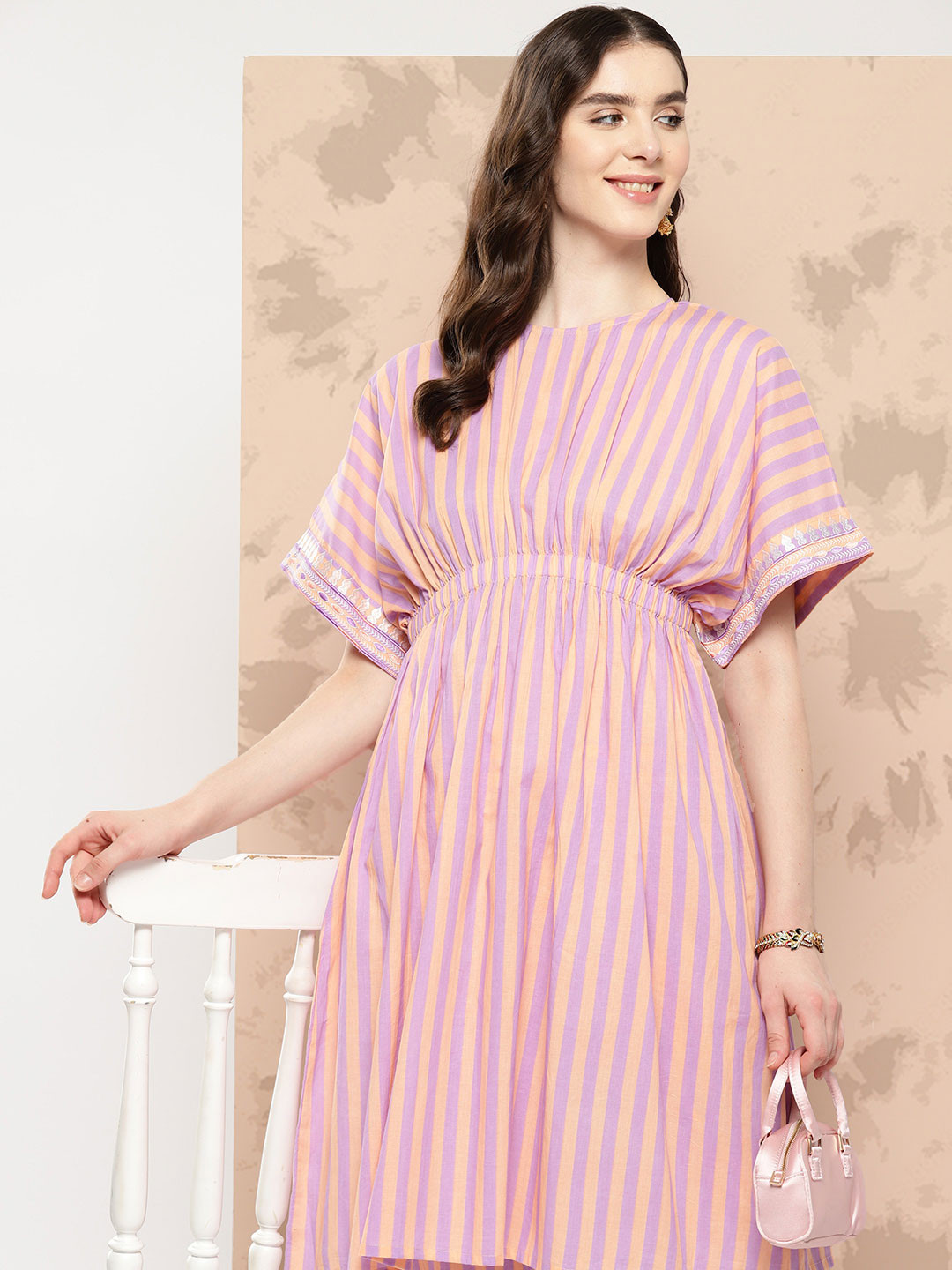 

Sangria Striped Pleated Thread Work Pure Cotton Kurta with Trousers, Peach