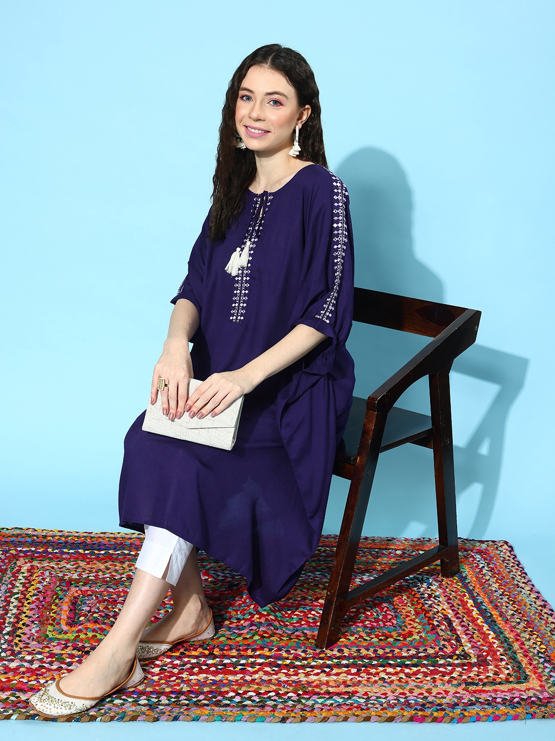 

Sangria Embellished Yoke Design Mirror Work Detail Kaftan Kurta, Purple