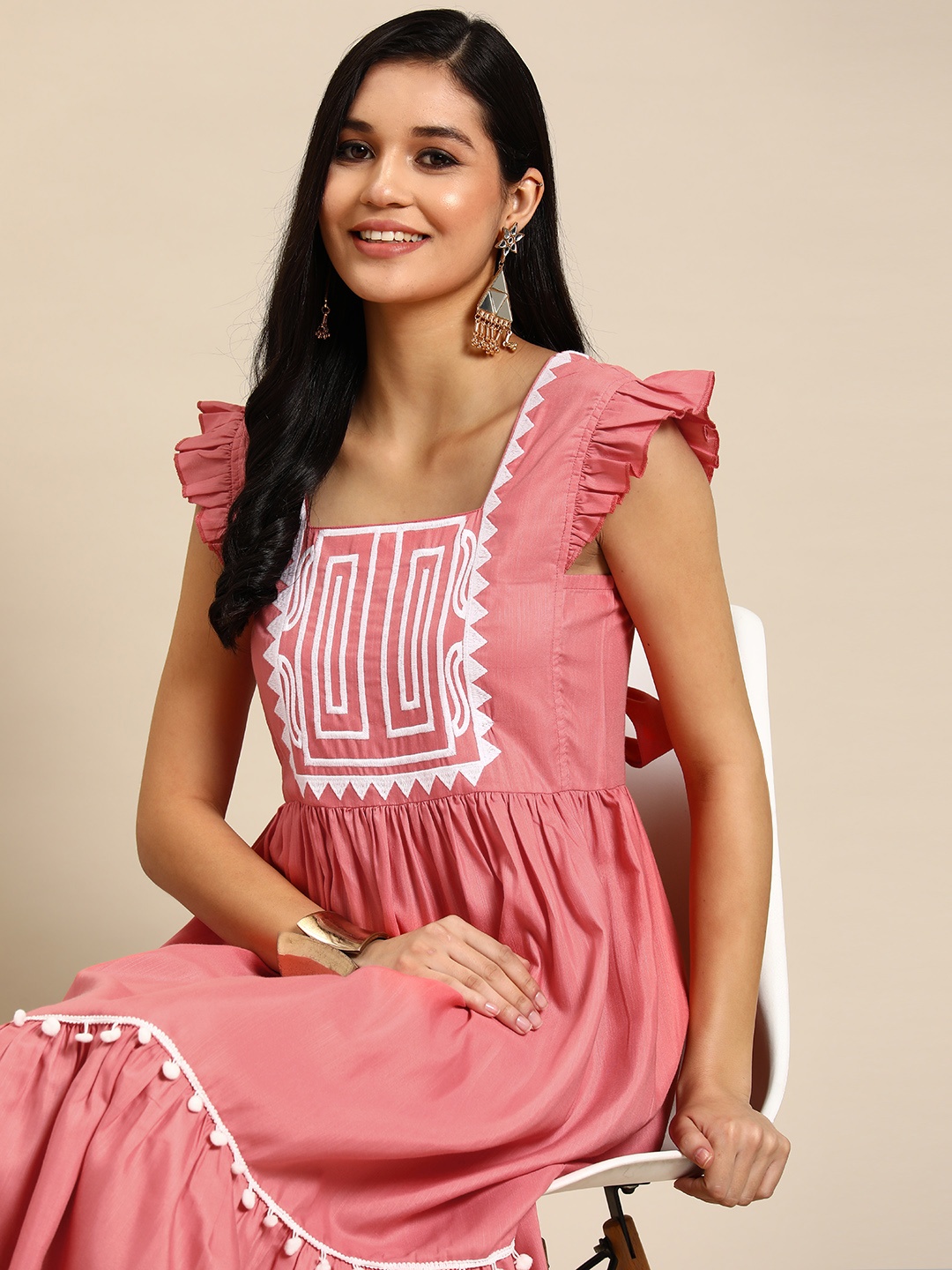 

Sangria Embroidered & Pom-Pom Detail Midi A-Line Dress, Pink