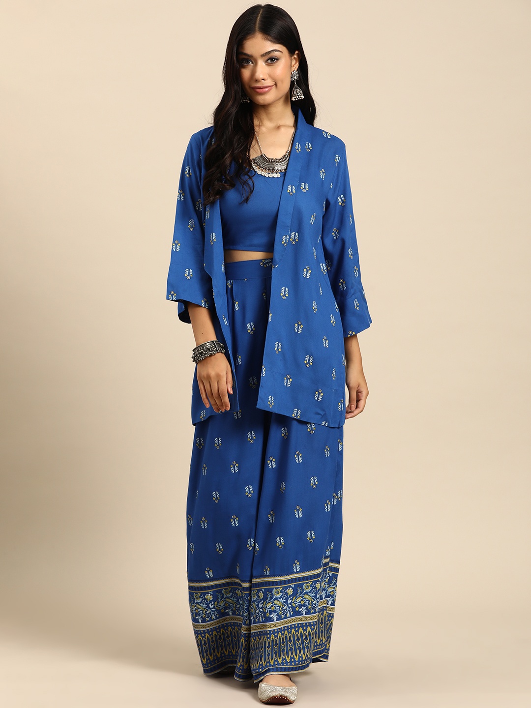 

Sangria Women Blue Ethnic Motifs Printed Layered Kurta with Trousers