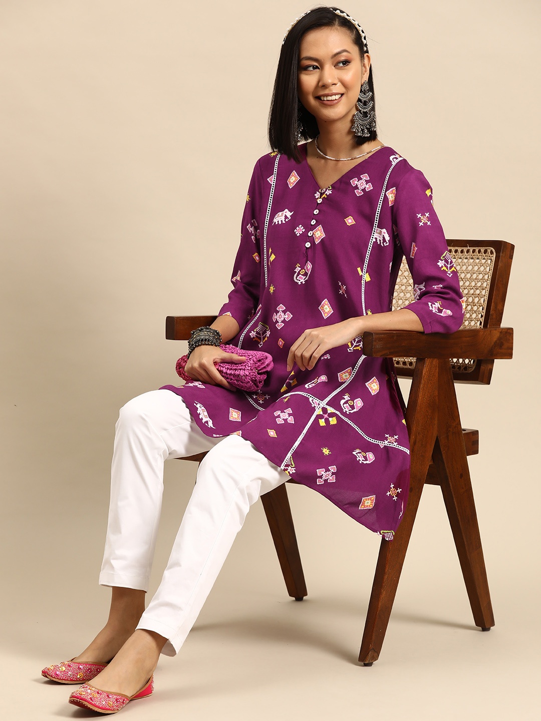 

Sangria Motifs Printed Button Detail Pure Cotton A-Line Kurti, Purple