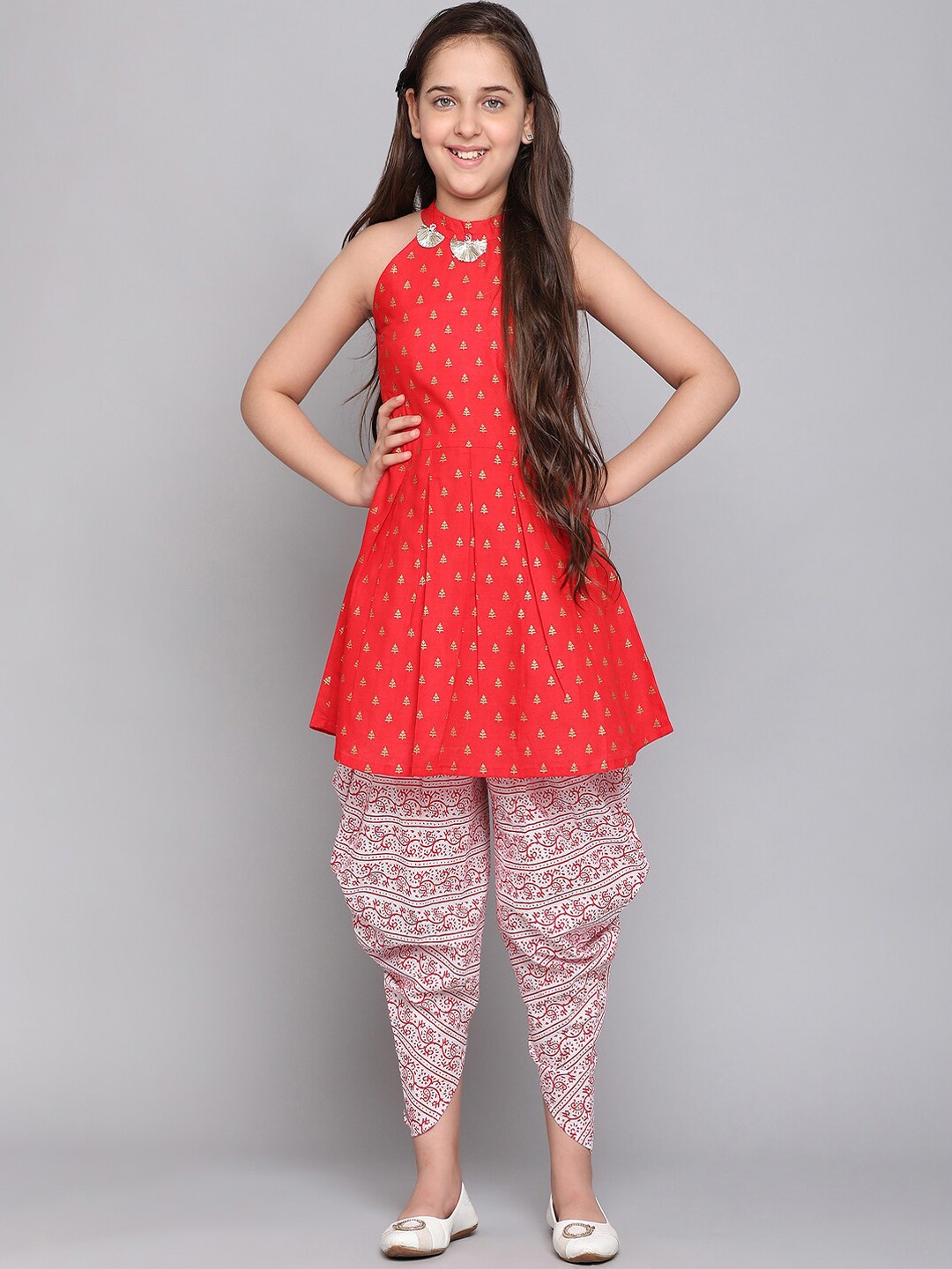 

J Turritopsis Girls Printed A-Line Kurta With Dhoti Pants, Red