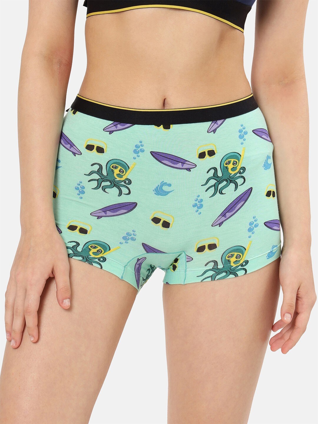 

bummer Women Printed Micro Modal Mid Rise Boy Shorts, Sea green
