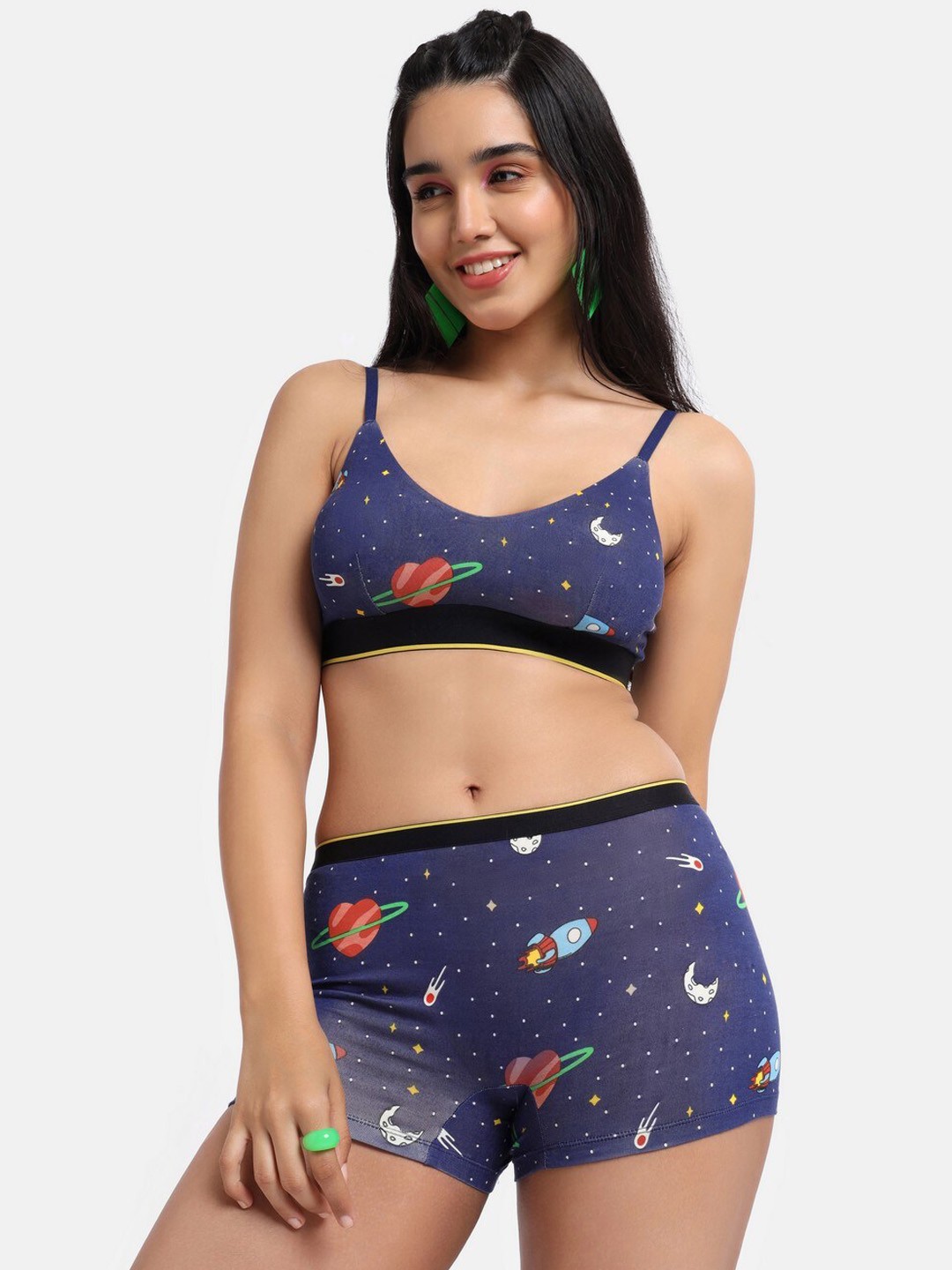 

bummer Women Printed Micro Modal Planet Love Mid Rise Boy Shorts BSPAL01S, Navy blue