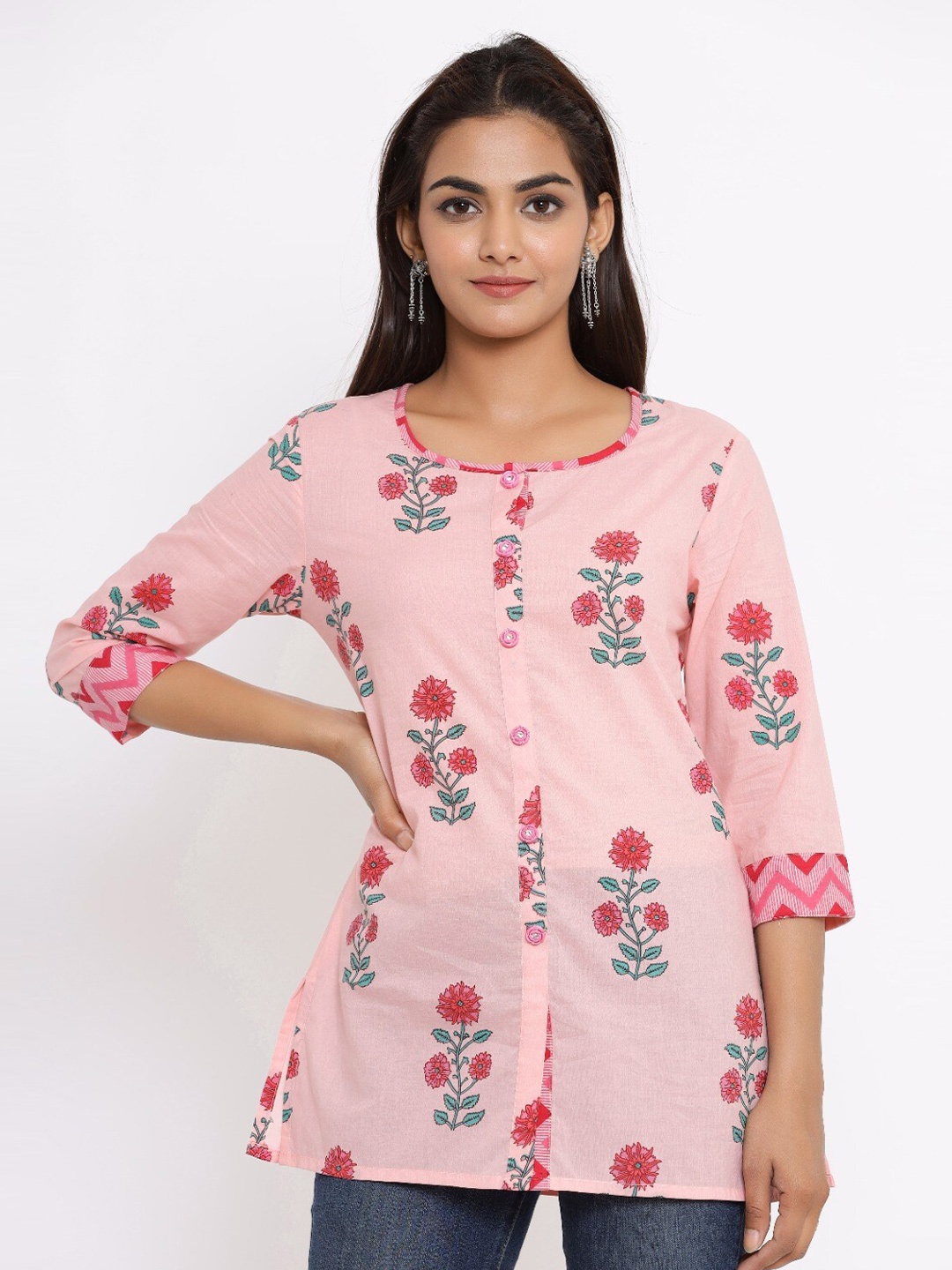 

FABRIC FITOOR Floral Printed Pure Cotton Kurti, Pink