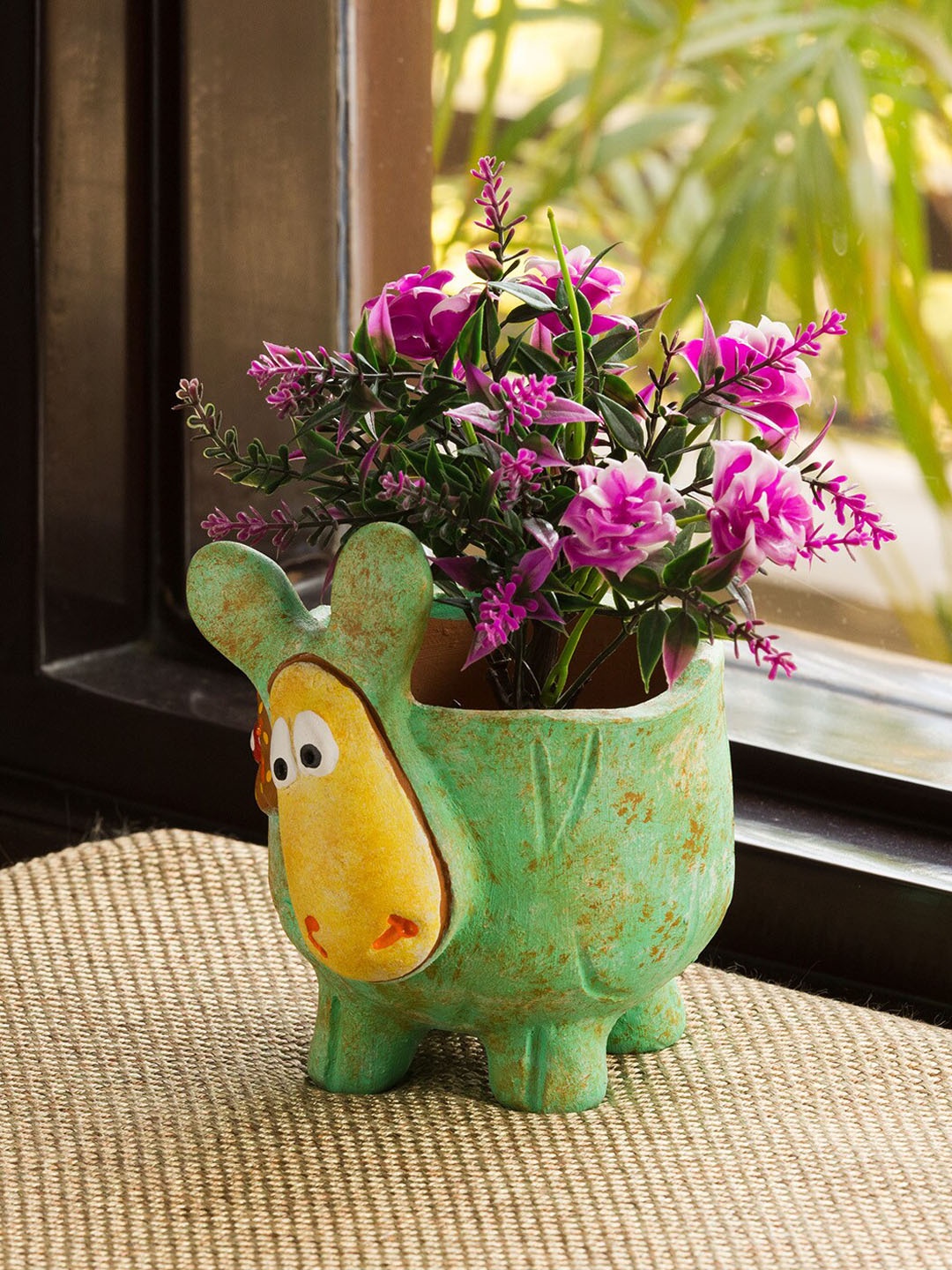 

ExclusiveLane Farm Fables Green & Yellow Printed Sheep-Shaped Terracotta Planter