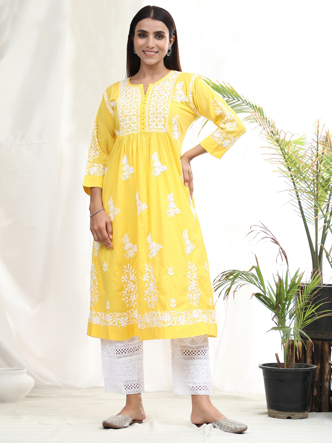 

HOUSE OF KARI Floral Embroidered A-Line Pleated Cotton Kurta, Yellow