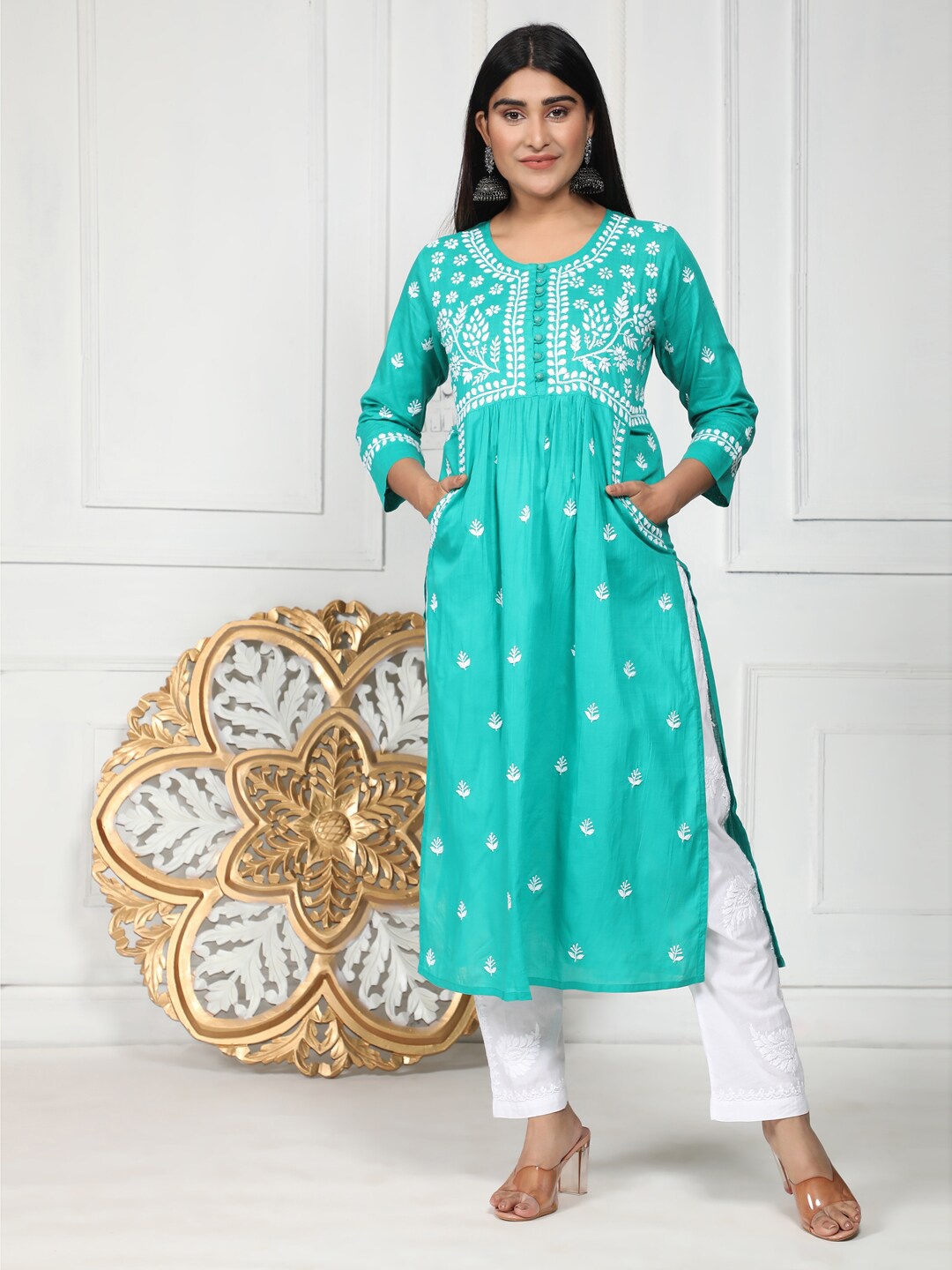 

HOUSE OF KARI Ethnic Motifs Embroidered A-Line Pleated Cotton Kurta, Turquoise blue