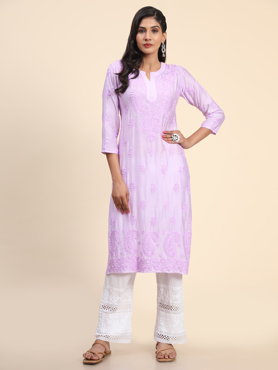 

HOUSE OF KARI Embroidered Notch Neck Chikankari Cotton Kurta, Lavender