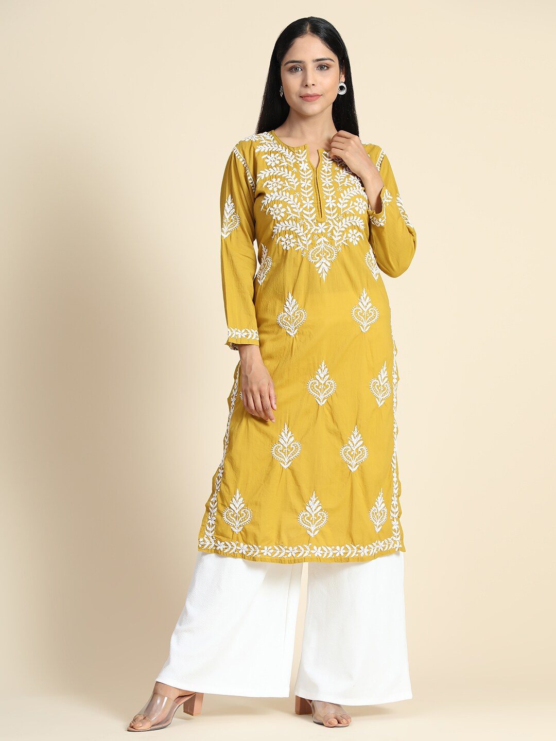 

HOUSE OF KARI Floral Embroidered Notch Neck Chikankari Cotton Kurta, Mustard
