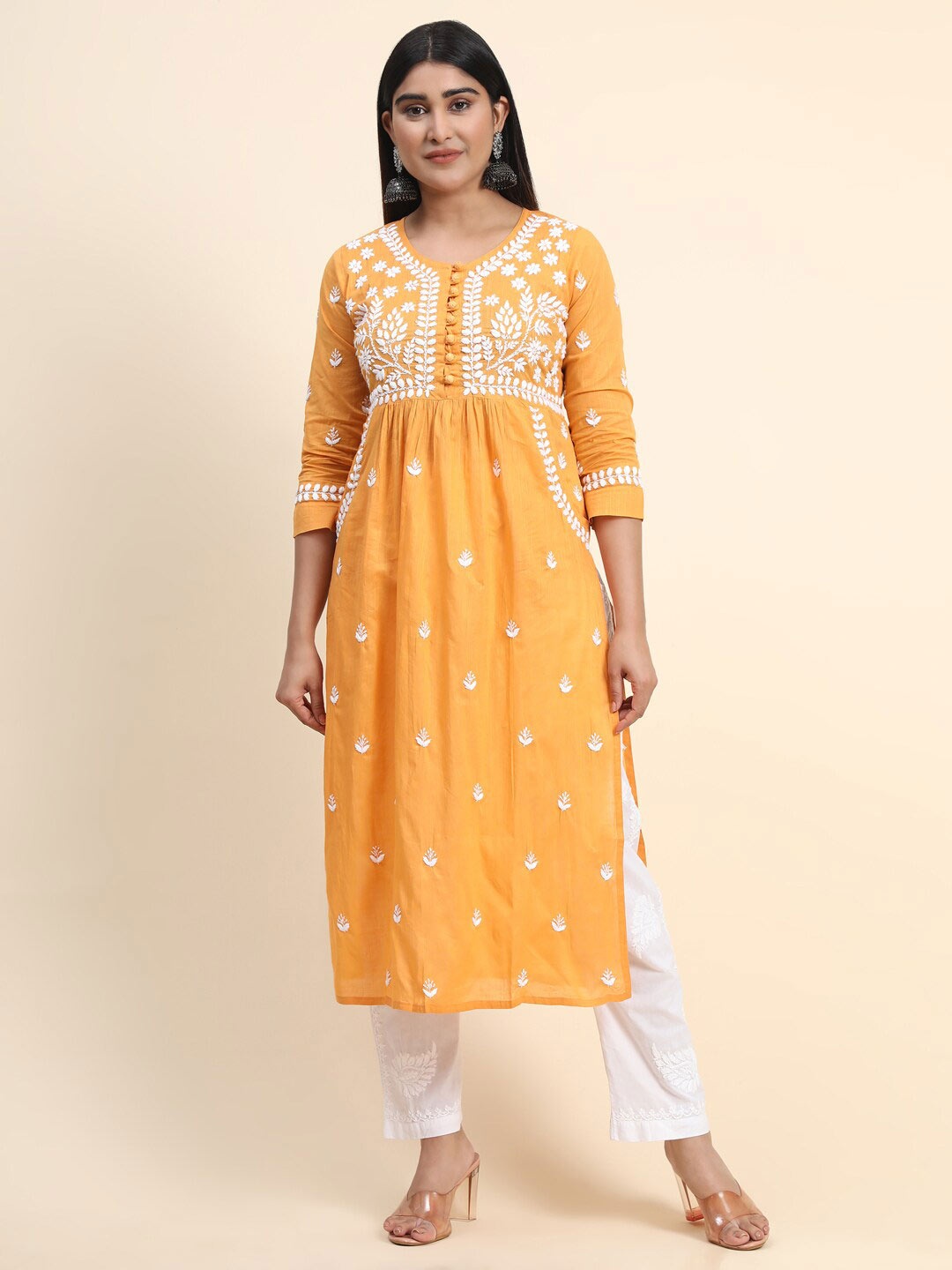 

HOUSE OF KARI Floral Embroidered Chikankari Cotton Kurta, Mustard